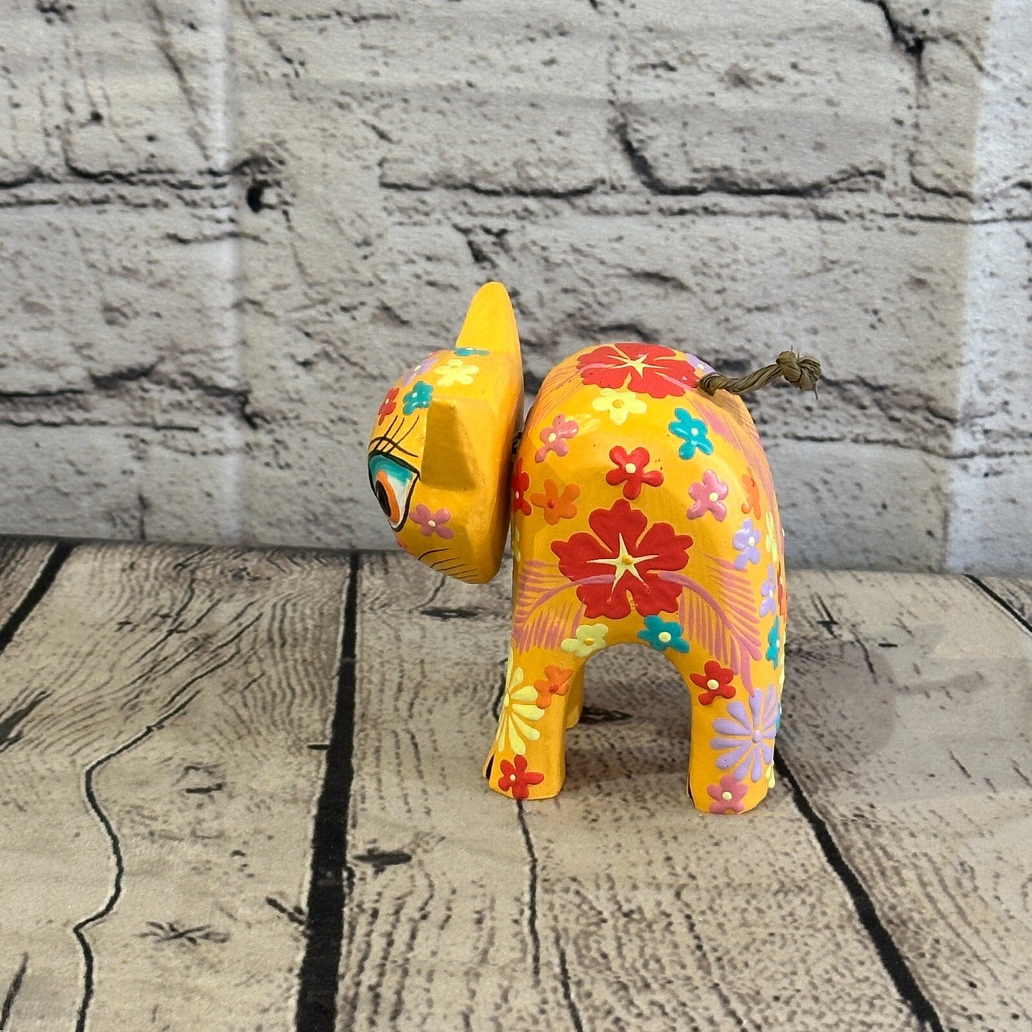 Orange Small Wooden Cat With Flower Pattern 10cm x 8cm Handmade and Fairtrade