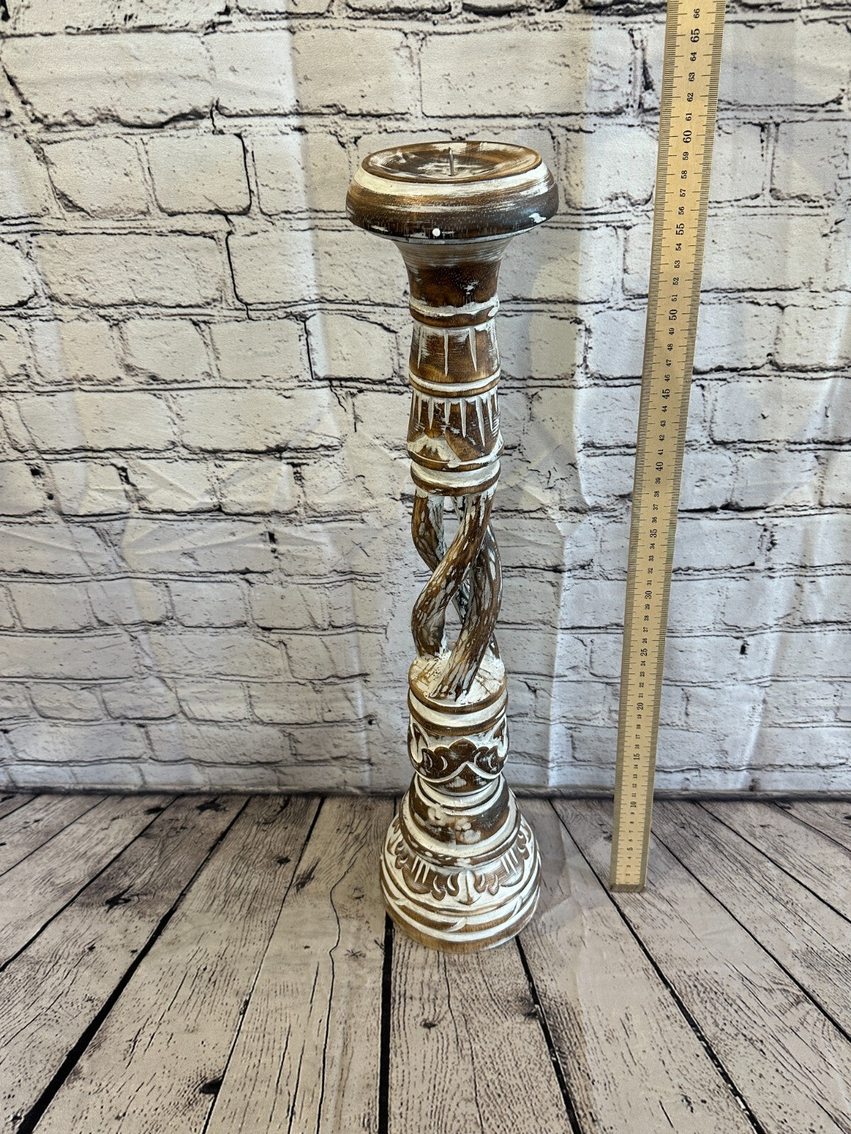 60cm Brown Tall Candlestick Shabby Chic Distressed Twist Column Candle Holder