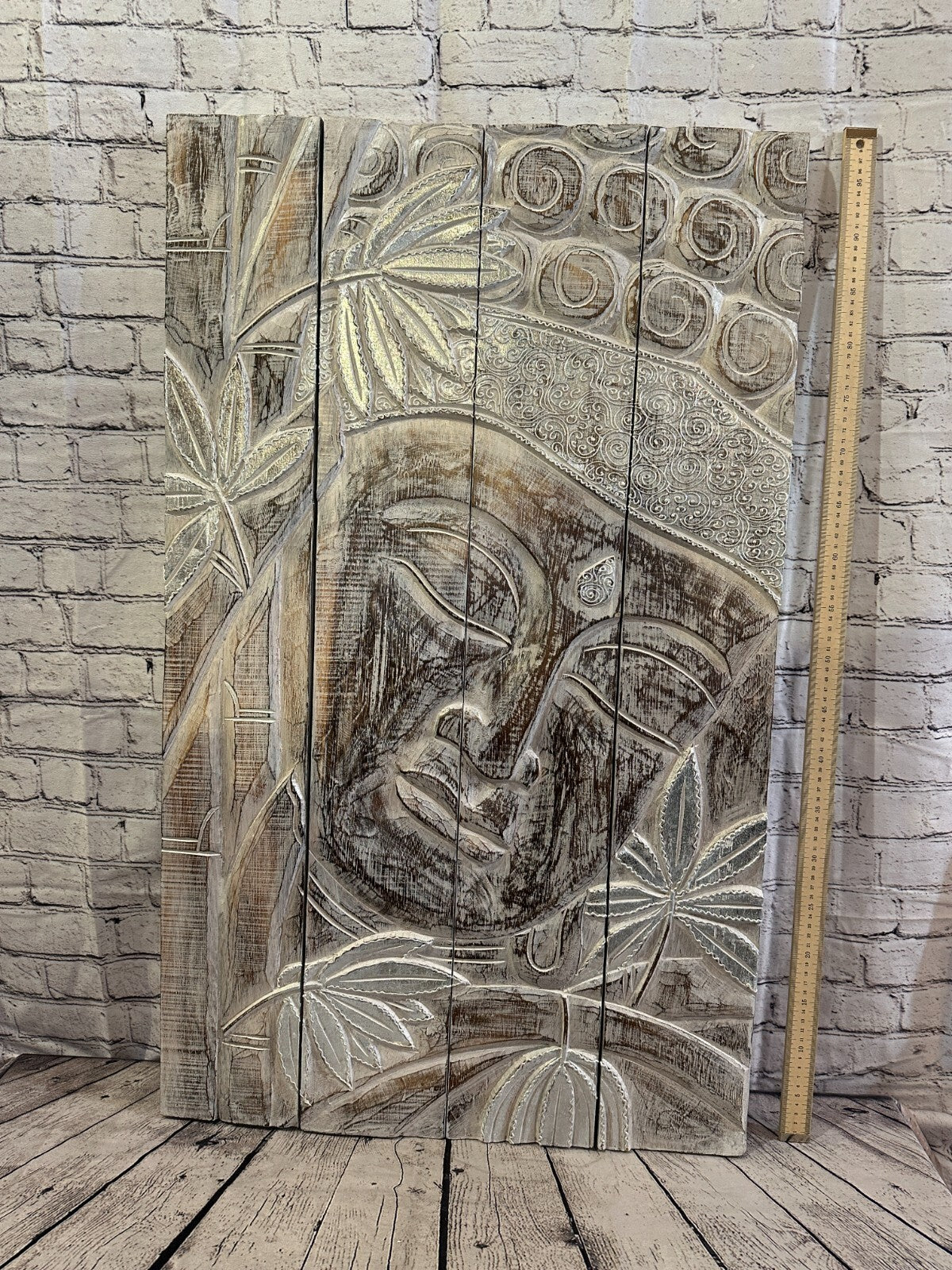 100cm x 60cm Buddha White Panel Wooden Wood Panel Wall Art Plaque Handcarved