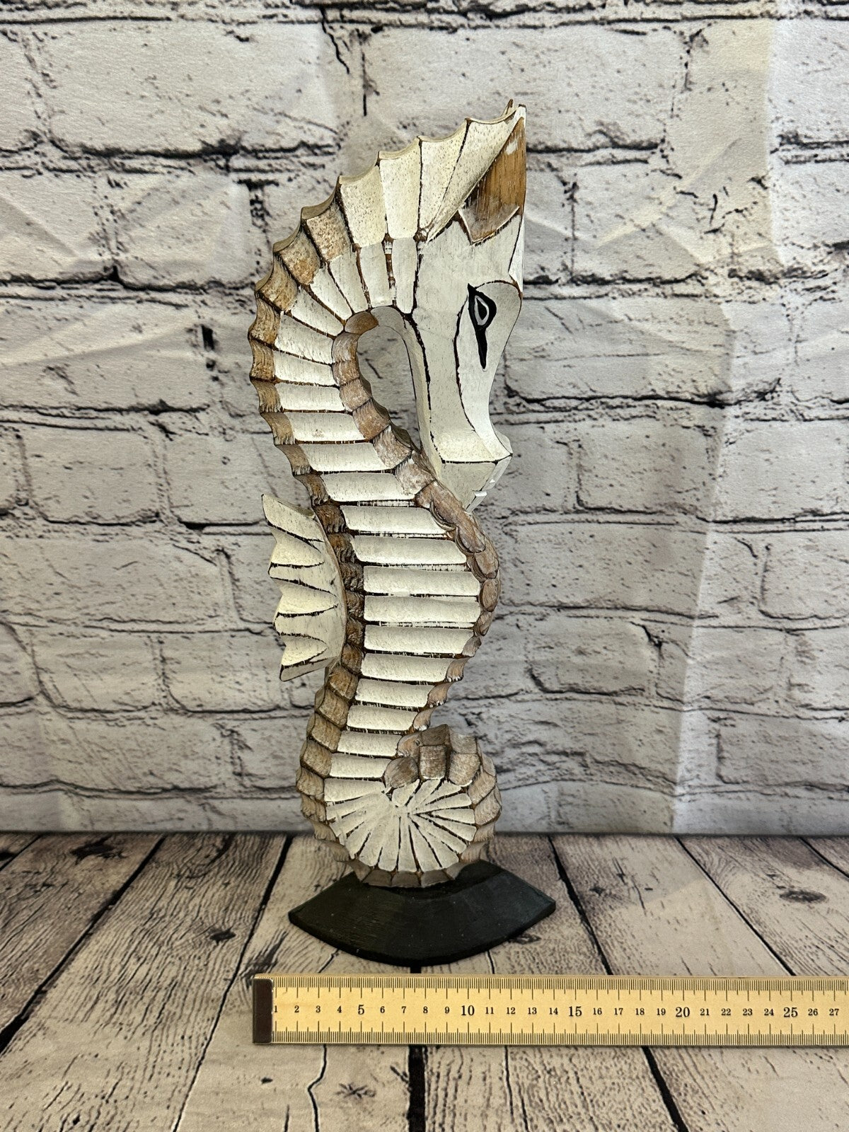 40cm White Brown Wooden Shabby Seahorse Statue Ornament Fair Trade Handcarved