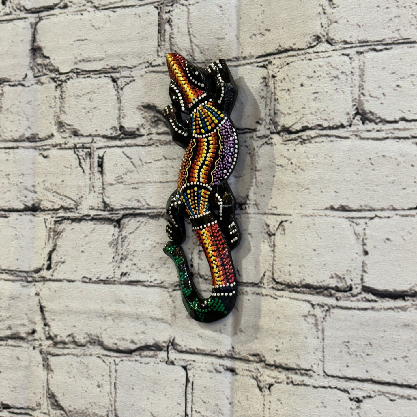 20cm Gecko Carved Wooden Dot Painted Ethnic Tribal Tiki Wall Handmade No 5