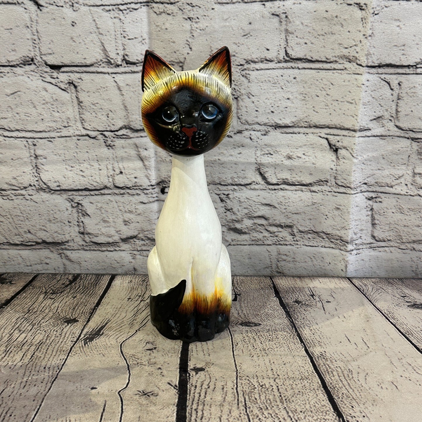 25cm x 7cm Siamese Sitting Bobble Style Painted Wooden Hand Carved Cat Wooden