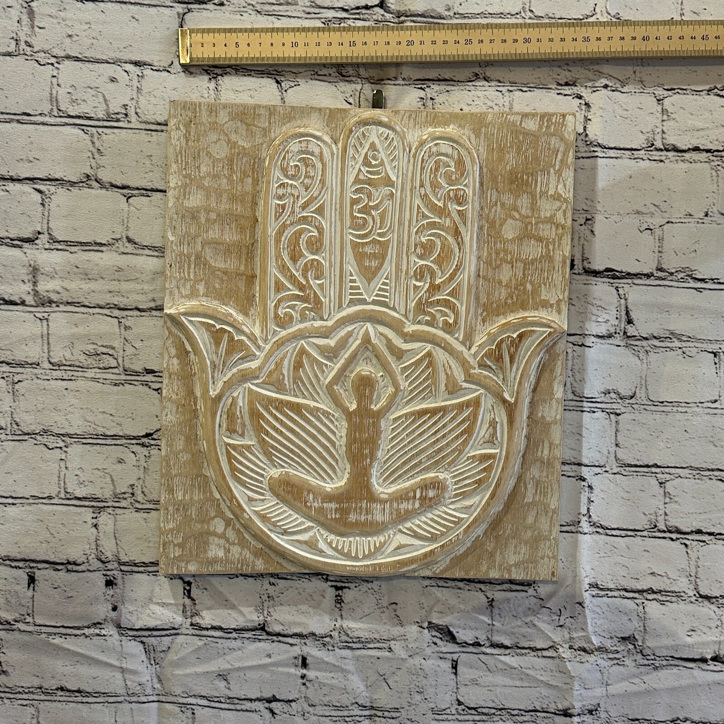 Hand Of Fatima Wooden Panel 40cm x 35cm Gold Cream Wall Art Plaque Handcarved