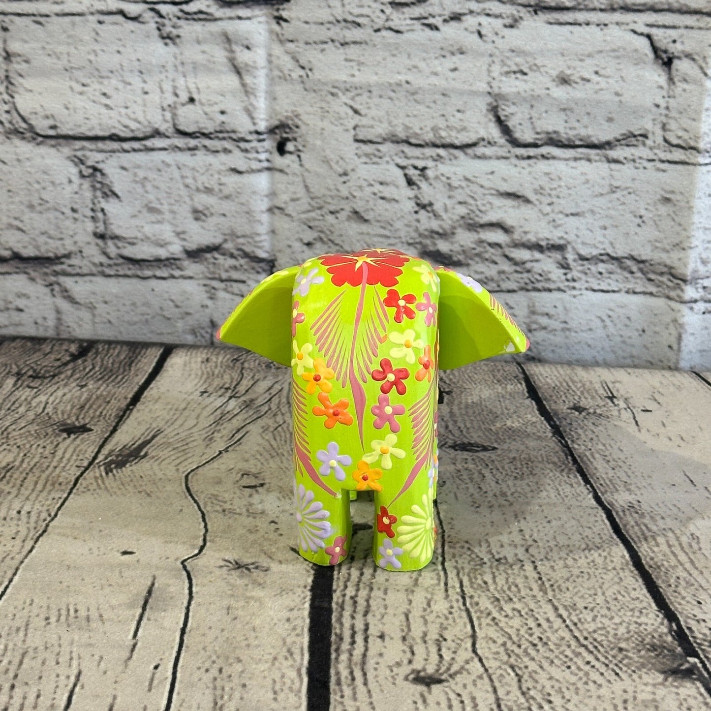 Green Wooden Elephant With Flower Pattern 10cm x 12cm Handmade and Fairtrade