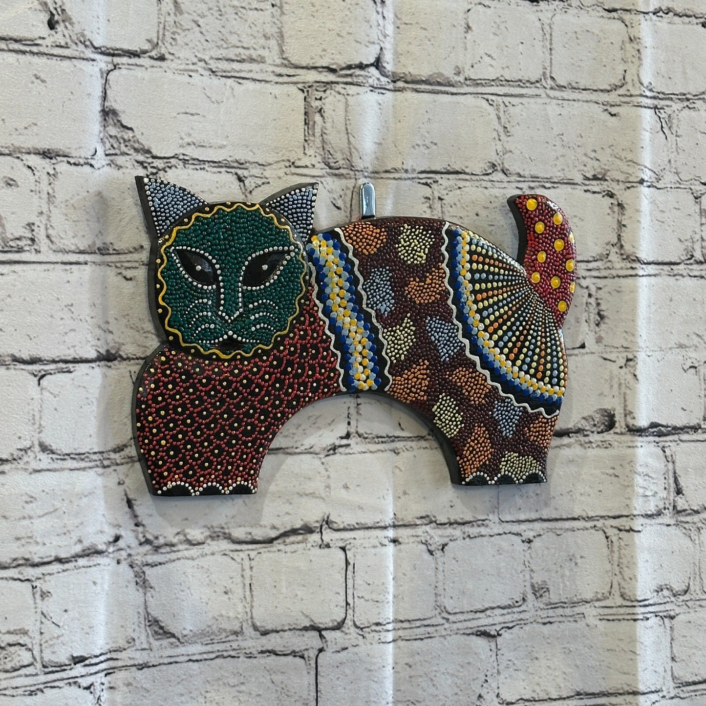 30cm Green Cat Carved Wooden Dot Painted Ethnic Tribal Tiki Wall Art Handmade