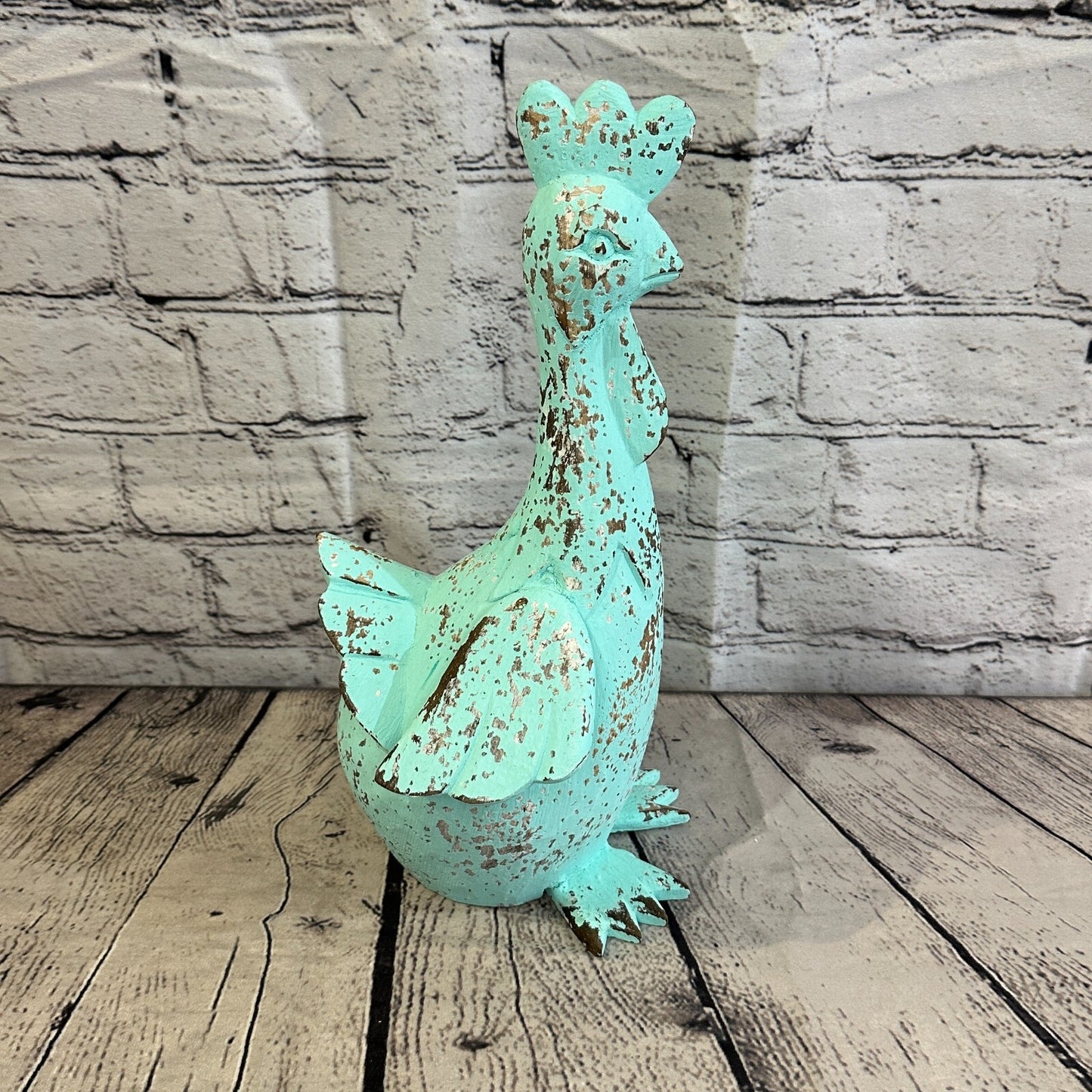 30cm x 15cm Green Shabby Wooden Rooster Cockerel Retro Collectable Hand Carved
