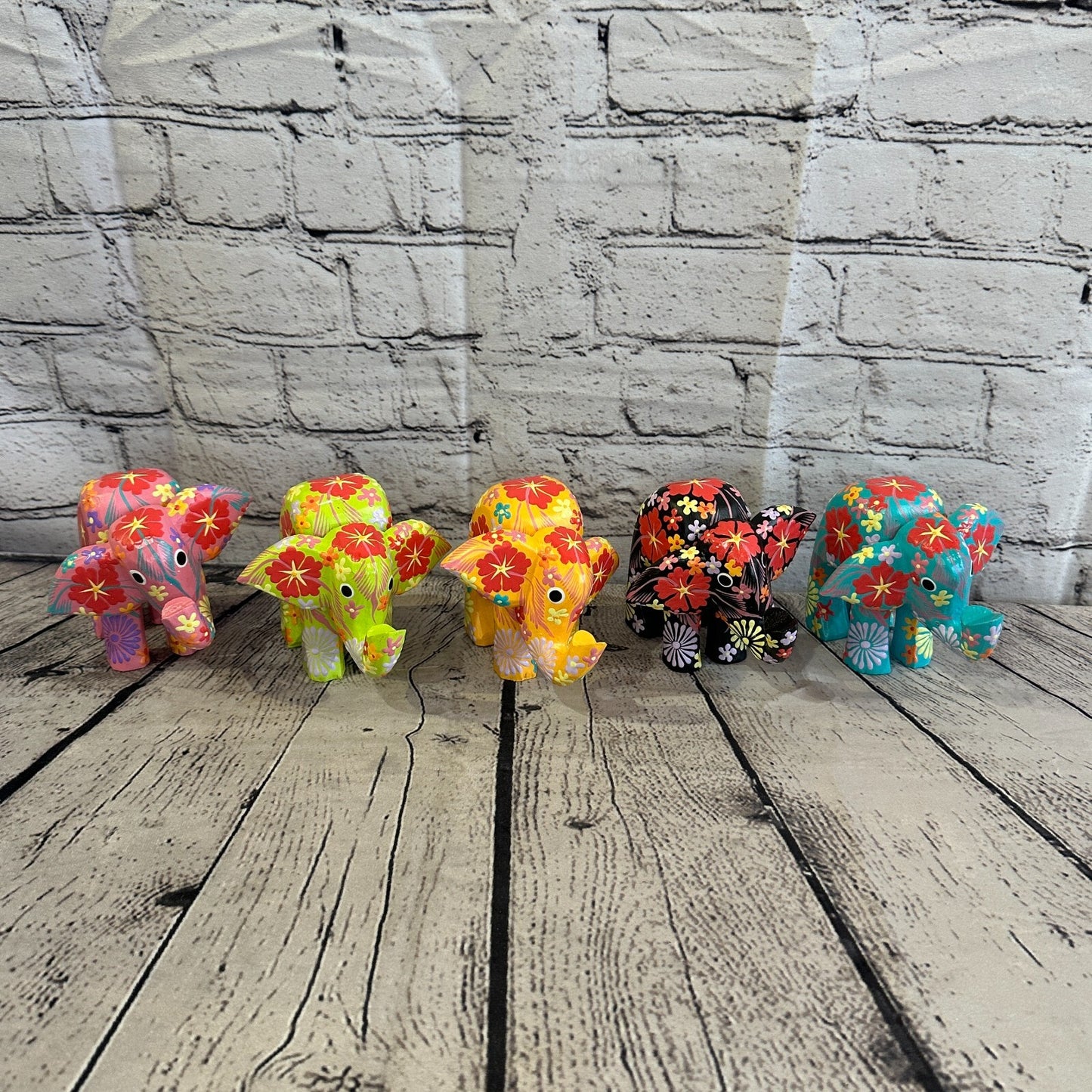 Blue Wooden Elephant With Flower Pattern 10cm x 12cm Handmade and Fairtrade