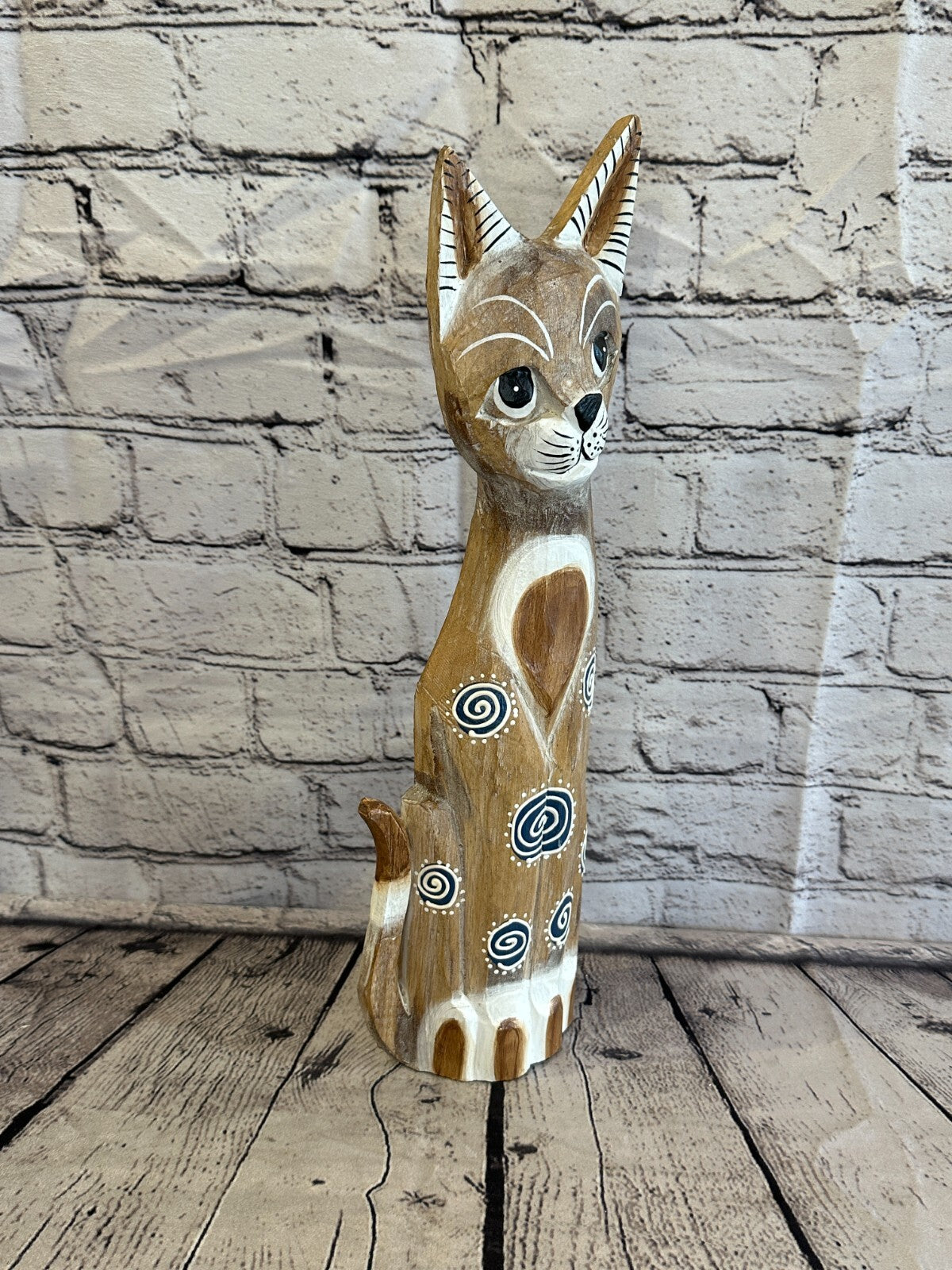 40cm Light Brown Flower Wooden Shabby Cat Statue Ornament Fair Trade Handcarved