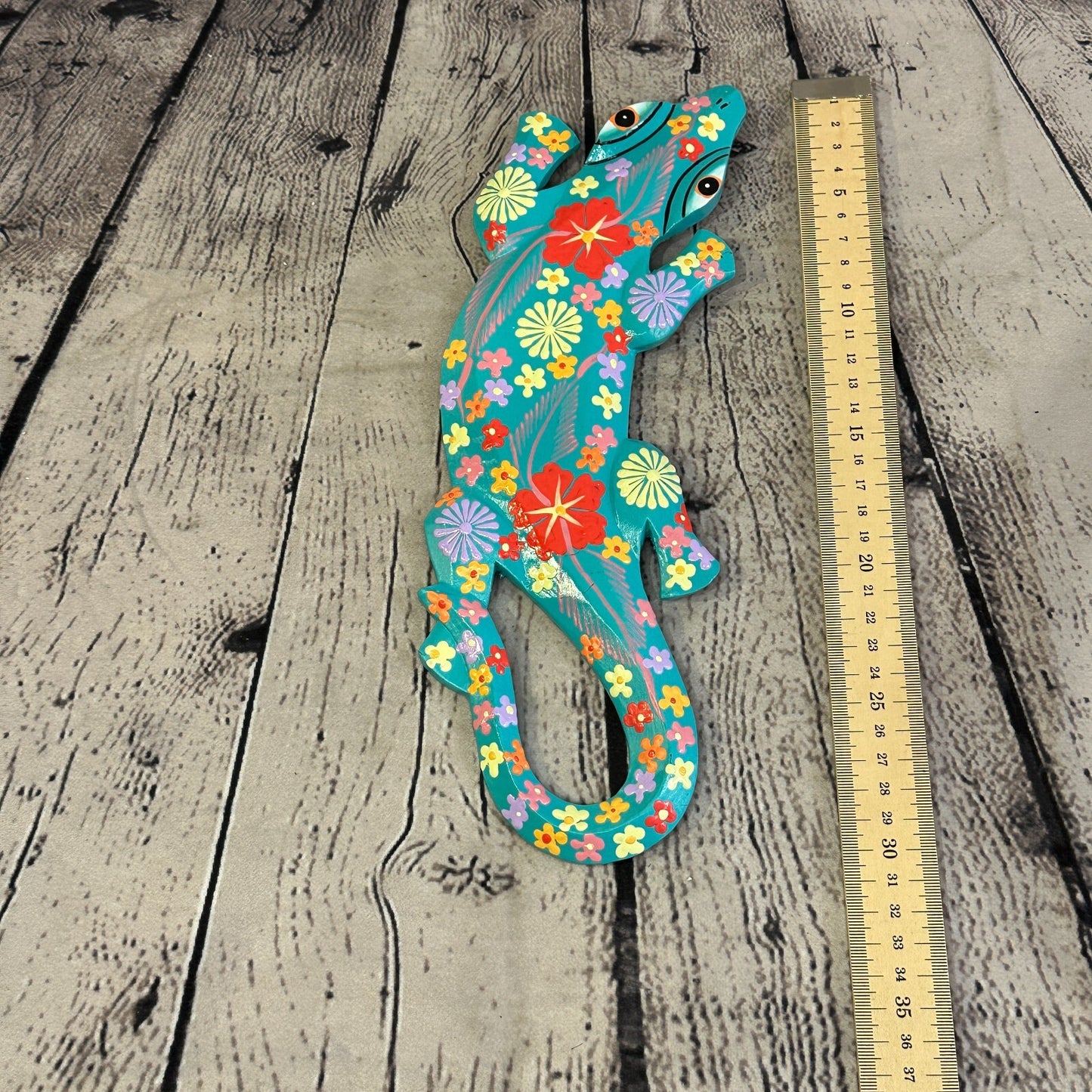 30cm Gecko Lizard Light Blue Flower Wood Wall Hanging Wooden Ornaments Carving