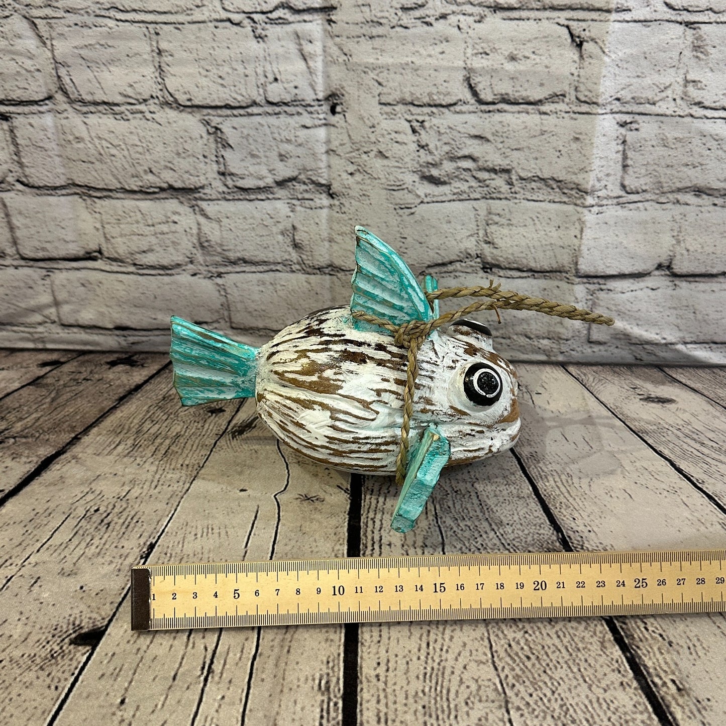 Green White Folk Art Hand Painted Puffer Fish Coconut Shell Ornaments Hanging