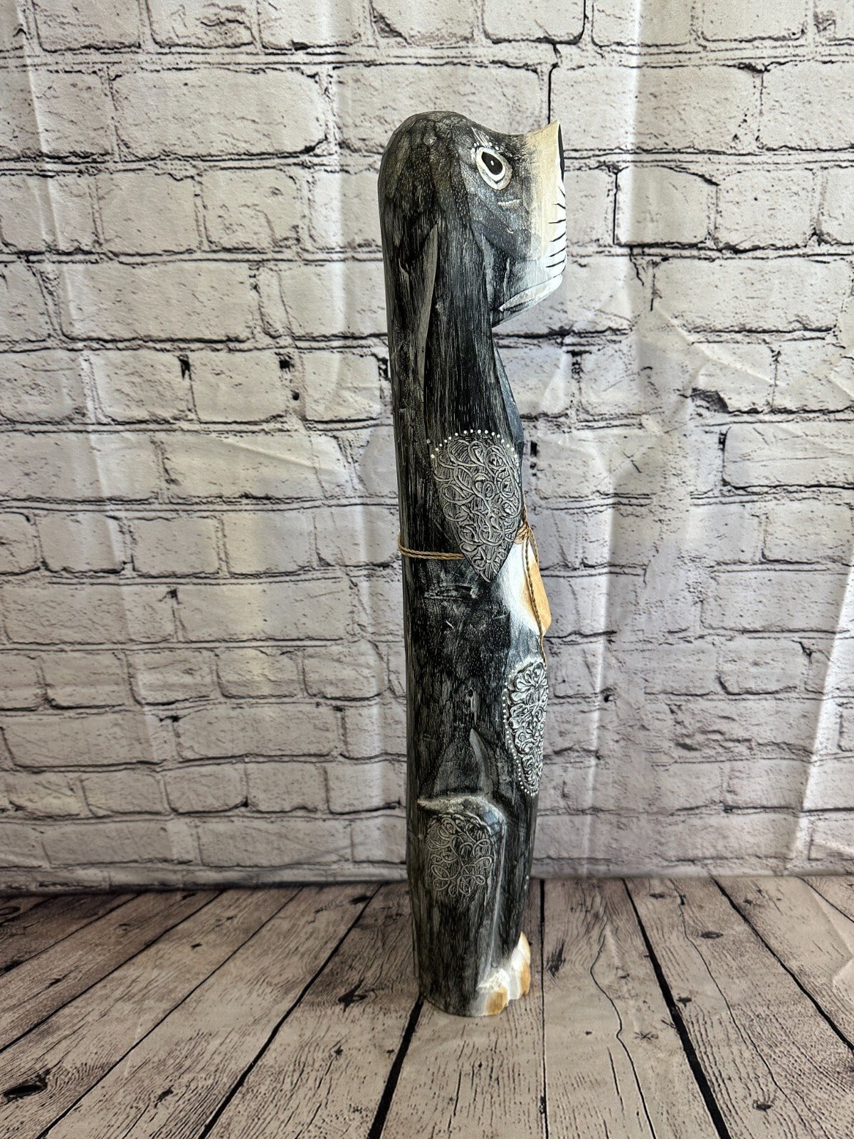 60cm Grey Flower Wooden Shabby Dog Statue Ornament Fair Trade Handcarved