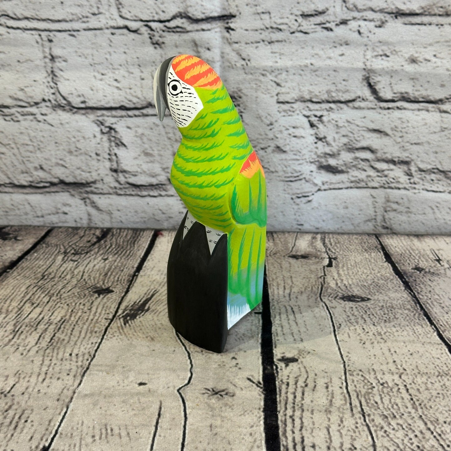 15cm Green Parrot Bird Ornament Statue Fair Trade Hand Made Carved Wood