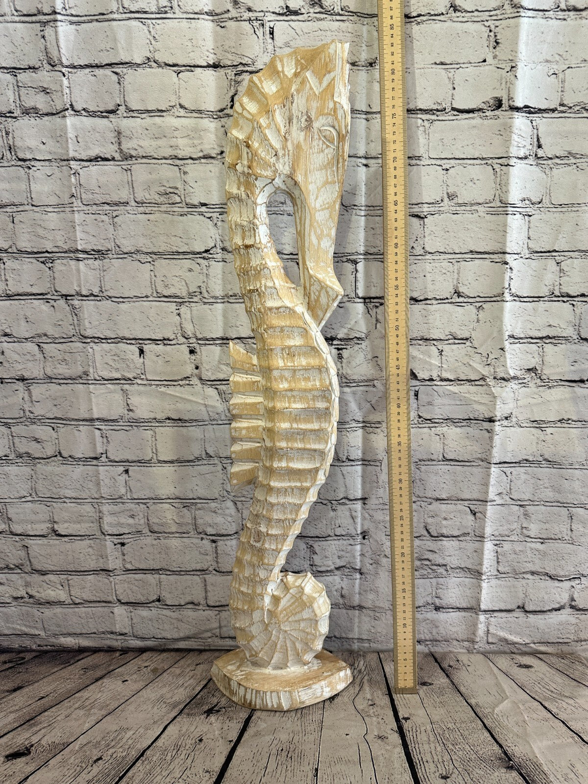 80cm White Plain Wooden Shabby Seahorse Statue Ornament Fair Trade Handcarved