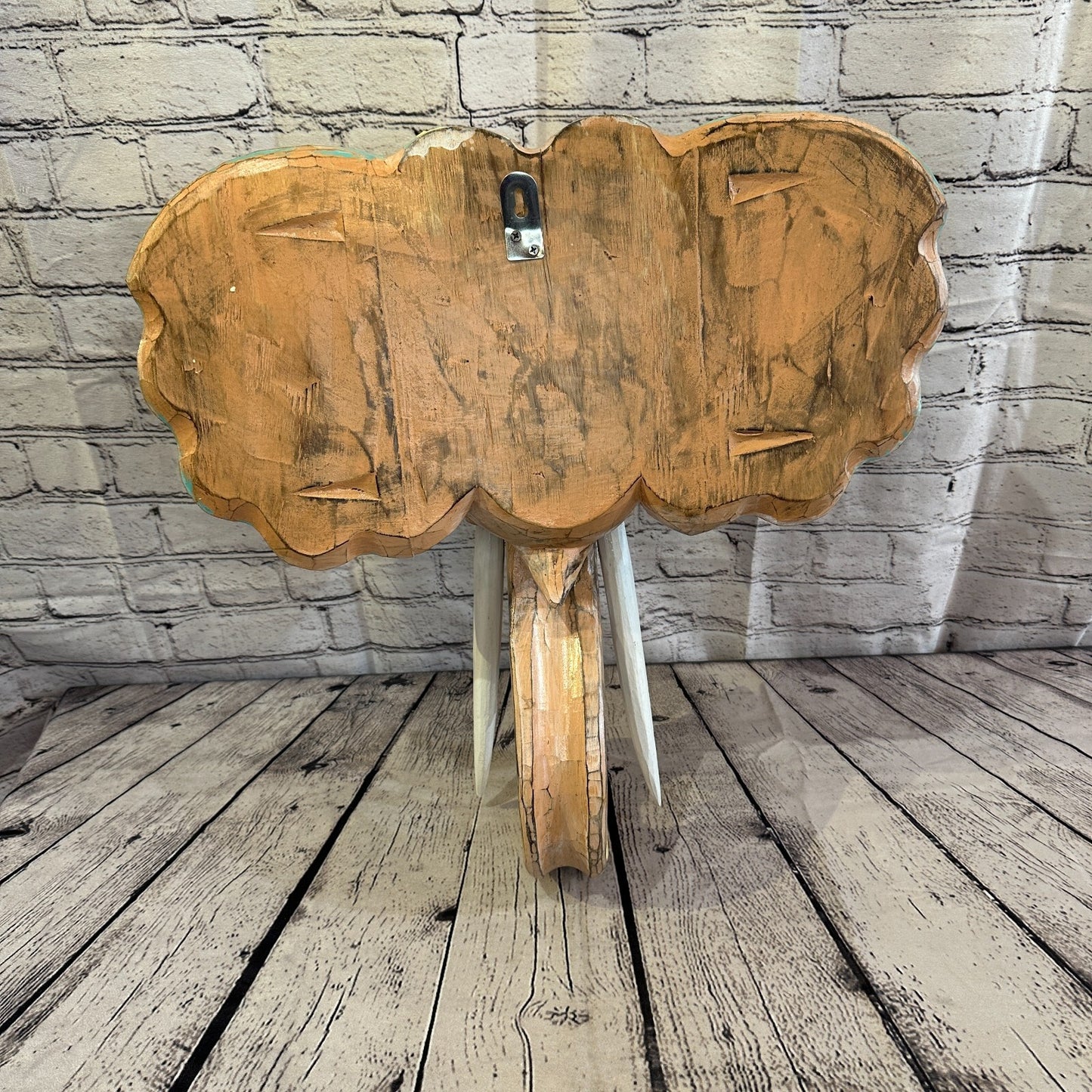 40cm x 35cm Green Flower Painted Wood Elephant Head Wall Mounted Art Shabby