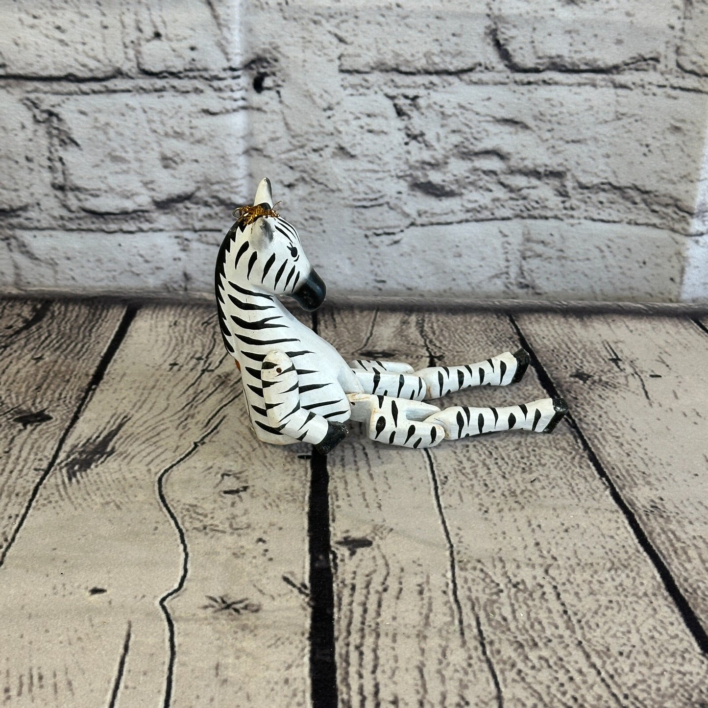 10cm Striped Zebra Sitting Animal, Wooden Shelf Ornament Handmade and Fairtrade