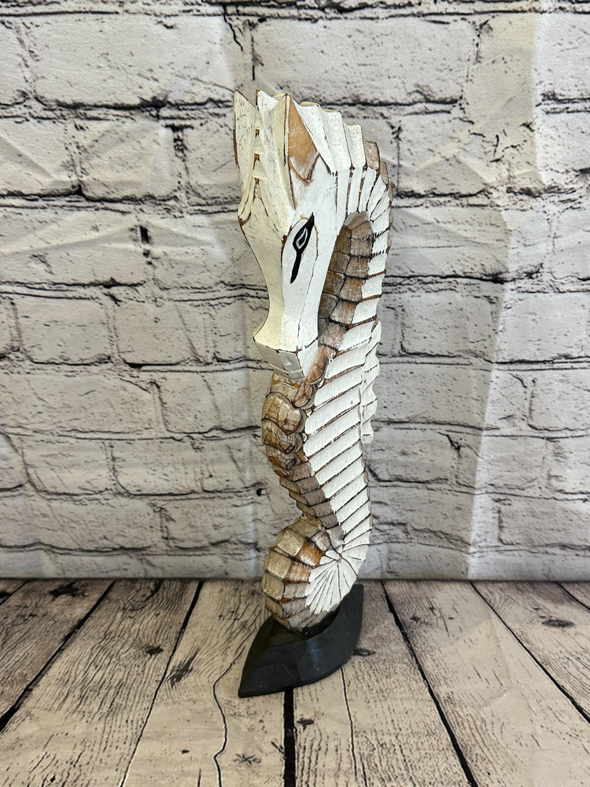 40cm White Brown Wooden Shabby Seahorse Statue Ornament Fair Trade Handcarved
