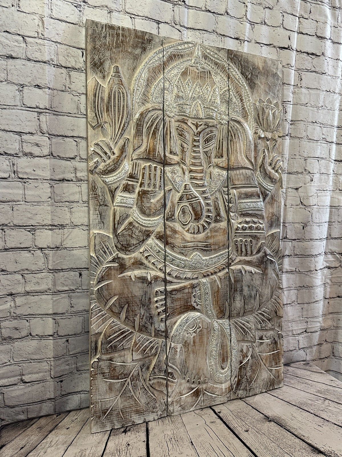 100cm x 60cm Ganesh White Panel Wooden Wood Panel Wall Art Plaque Handcarved