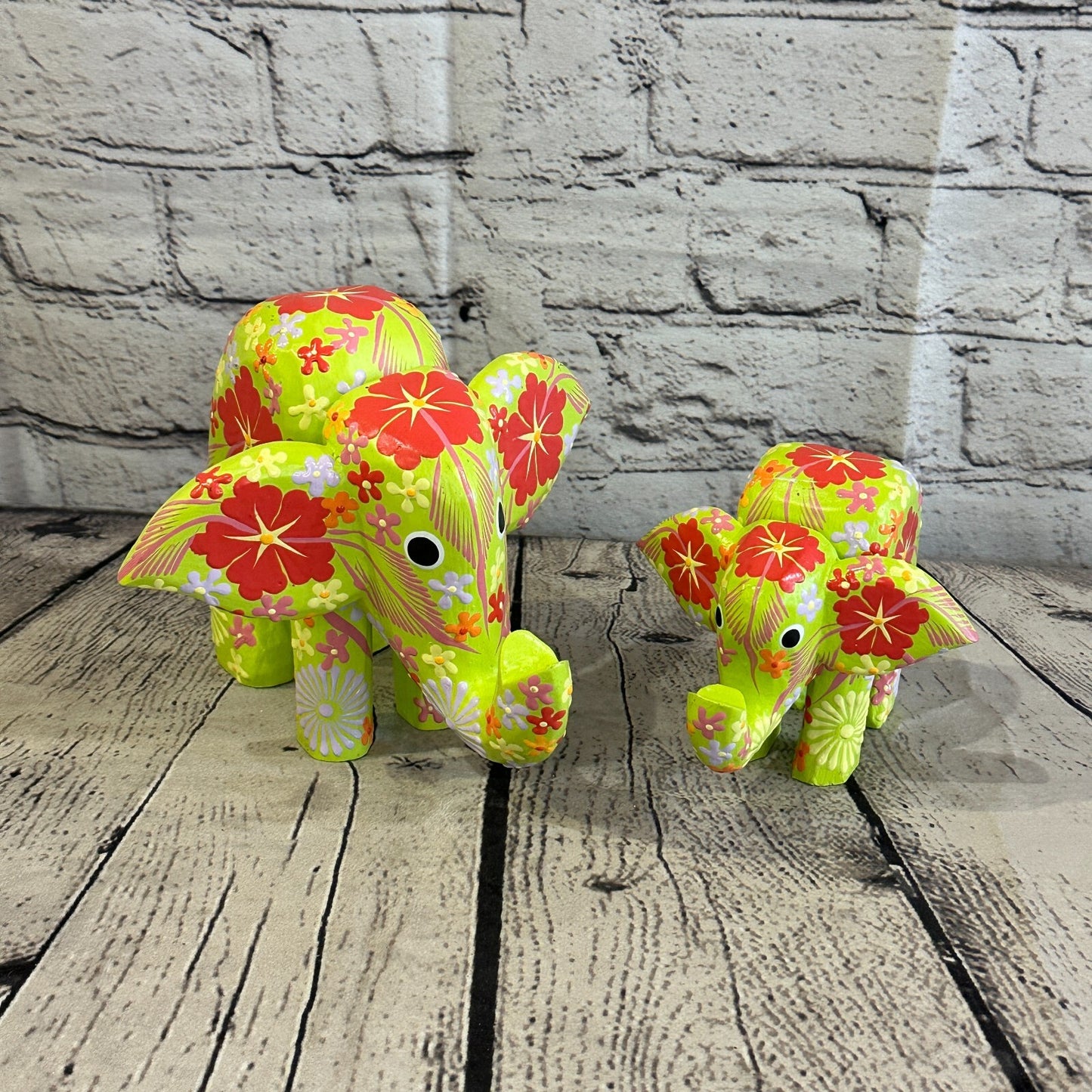 Green Wooden Elephant With Flower Pattern 10cm x 12cm Handmade and Fairtrade