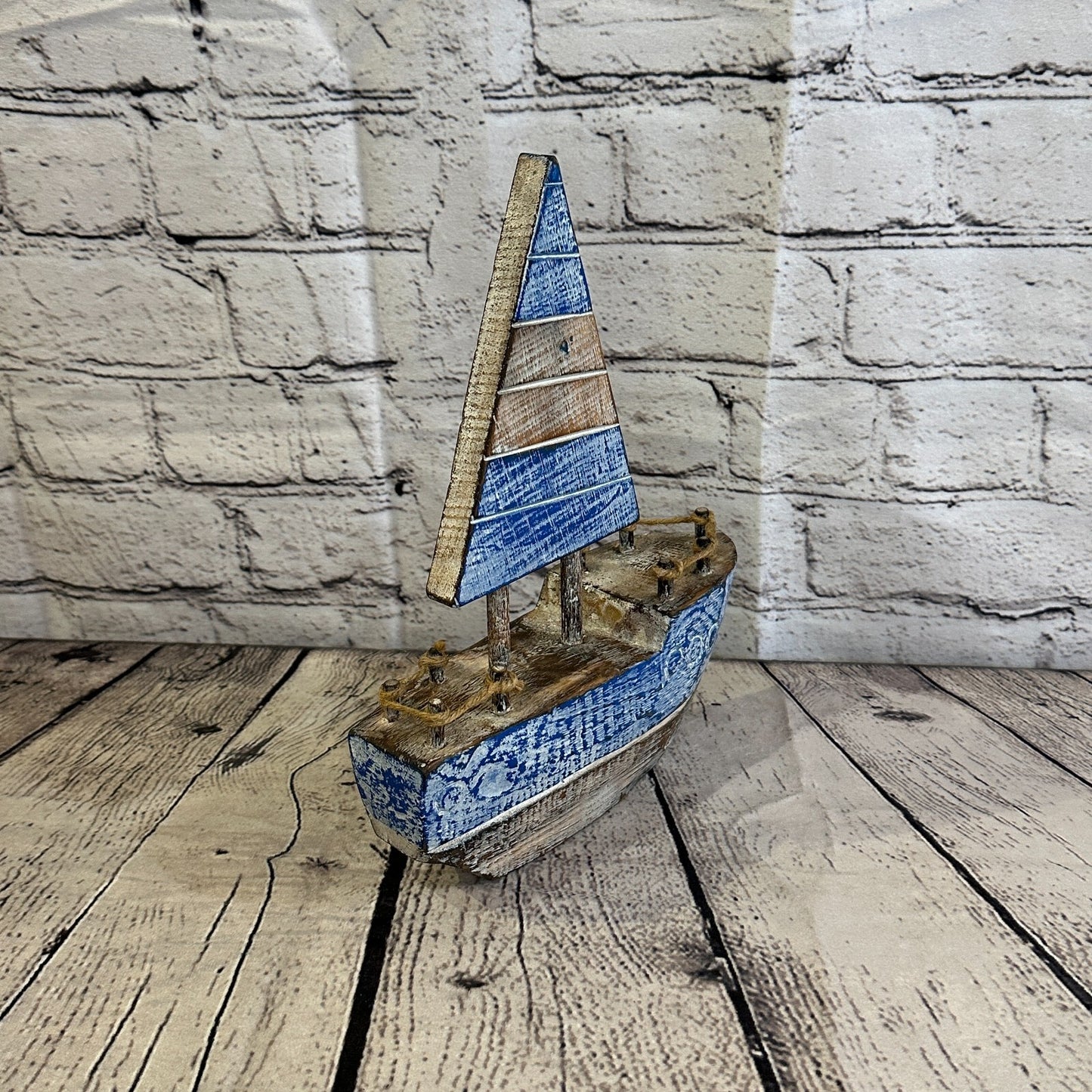 25cm Rustic Wooden Brown & Blue Sailing Boat Nautical Ornament Sculpture Decor