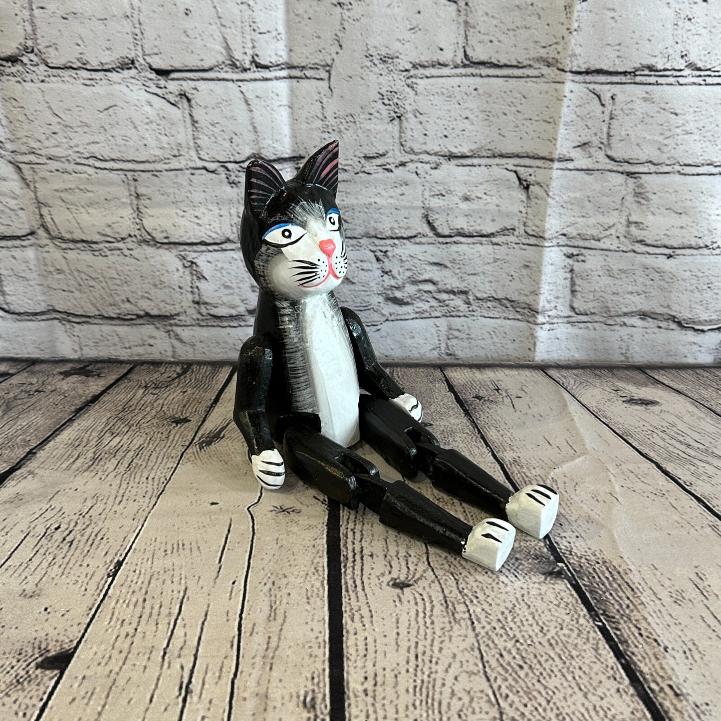 20cm Black Cat Sitting Animal, Wooden Shelf Ornament Handmade & Fairtrade