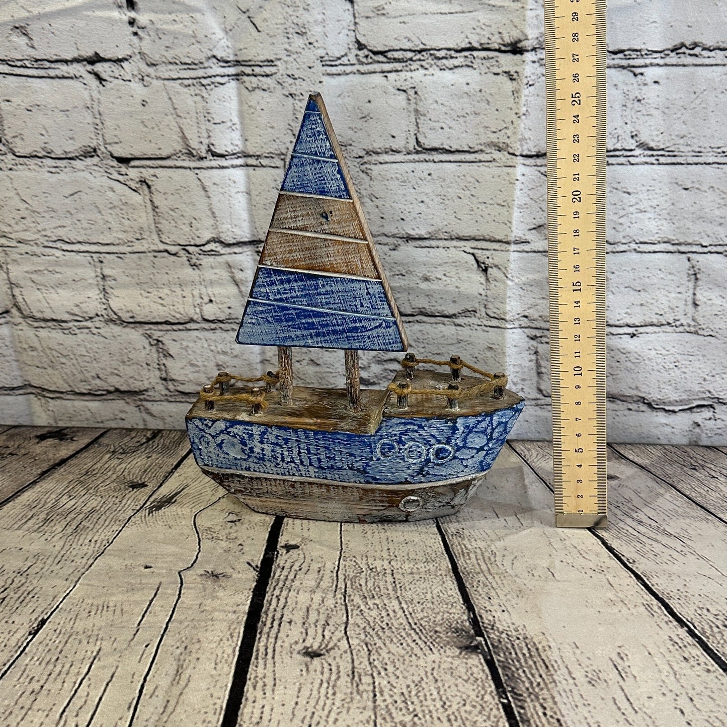 25cm Rustic Wooden Brown & Blue Sailing Boat Nautical Ornament Sculpture Decor