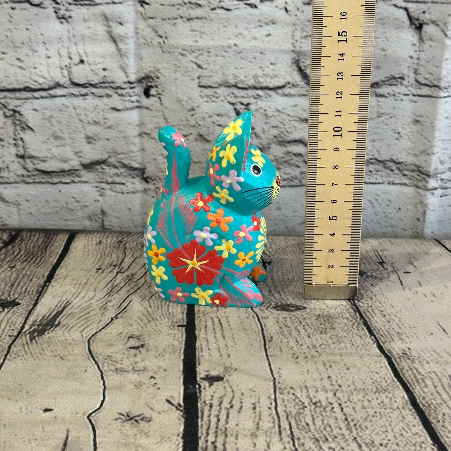 Blue Small Wooden Cat With Flower Pattern 12cm x 6cm Handmade and Fairtrade