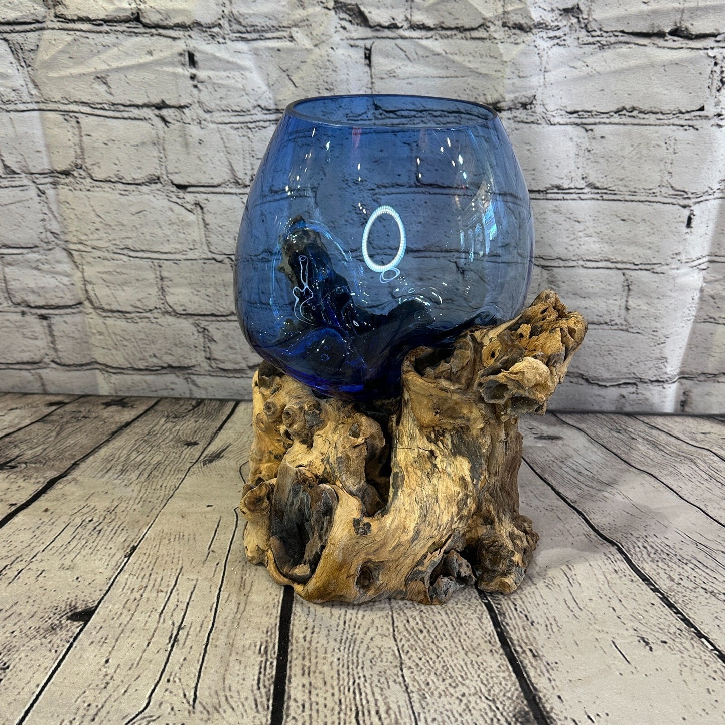 30cm Blue Molten Glass Round Bowl Natural Root Wood Base Stand Decor Ornament
