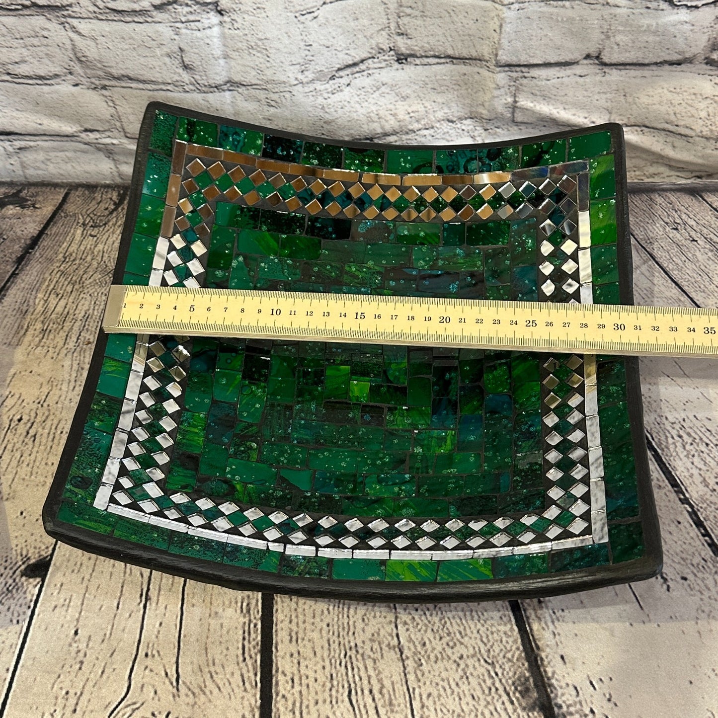 30cm Green Square Mosaic Handmade Ceramic Glass Tile Bowl Fruit