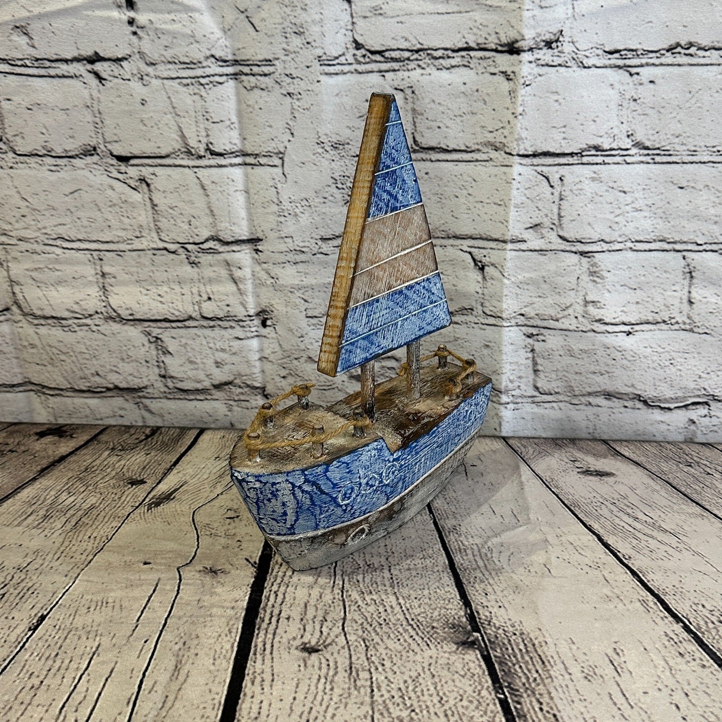 25cm Rustic Wooden Brown & Blue Sailing Boat Nautical Ornament Sculpture Decor