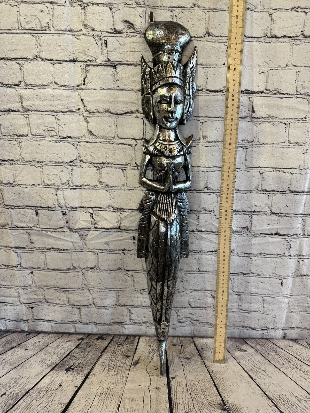 Silver Antique Colour Sita Dewi Bali Rice Goddess Wings Mermaid Wood 80cm Pair
