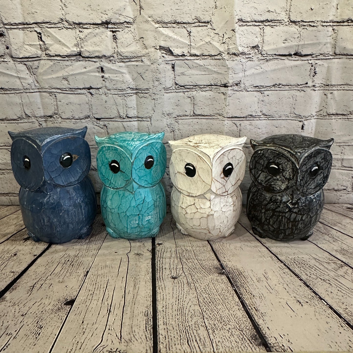 12cm x 10cm Blue Flower Wooden Shabby Owl Statue Ornament Fair Trade Handcarved