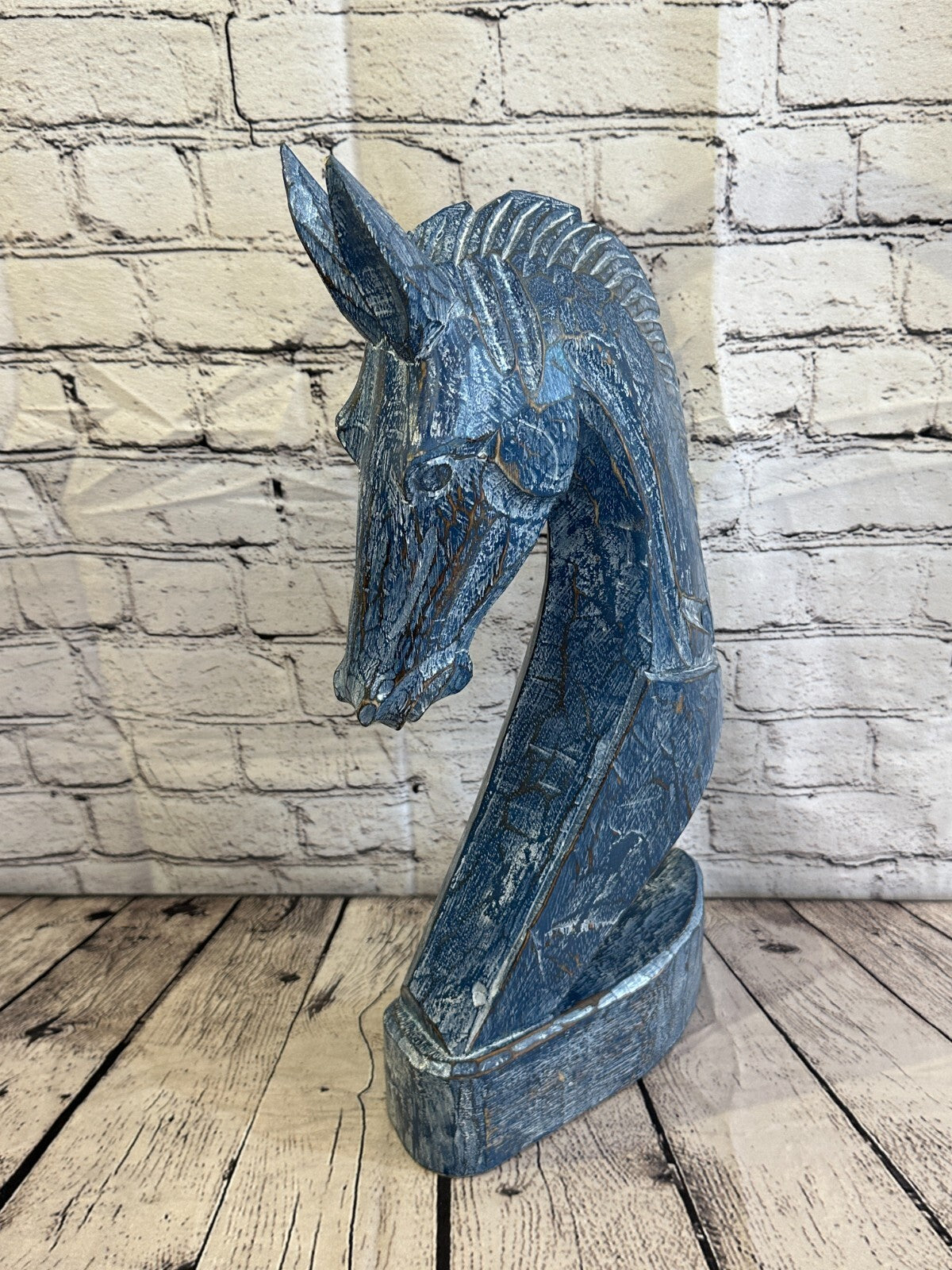 Blue Wooden 50cm x 25cm Horse Head Bust Hand Carved Wood Sculpture