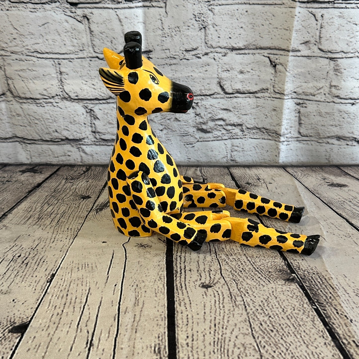 20cm Orange Giraffe Sitting Animal, Wooden Shelf Ornament Handmade & Fairtrade