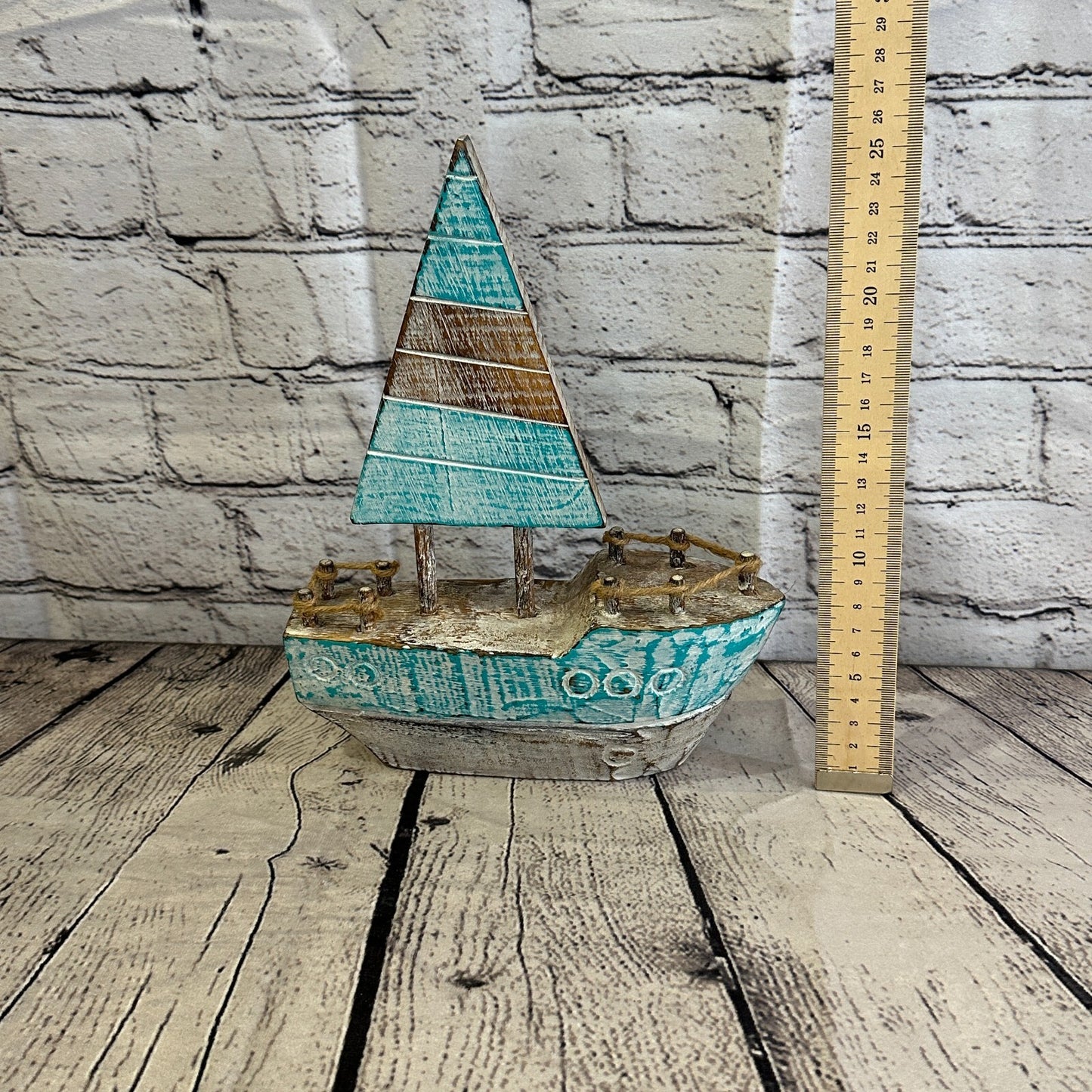 25cm Rustic Wooden Brown & Green Sailing Boat Nautical Ornament Sculpture Decor