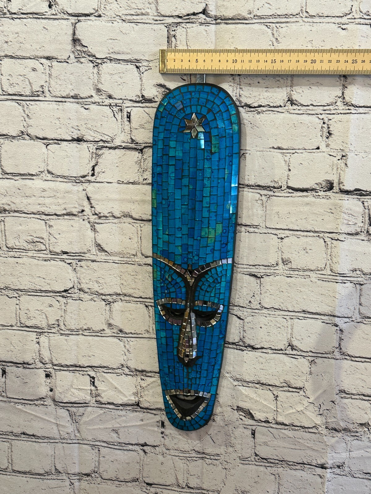 50cm Blue Mosaic Mirror Mask Carved Painted Ethnic Tribal Wall Art Handmade