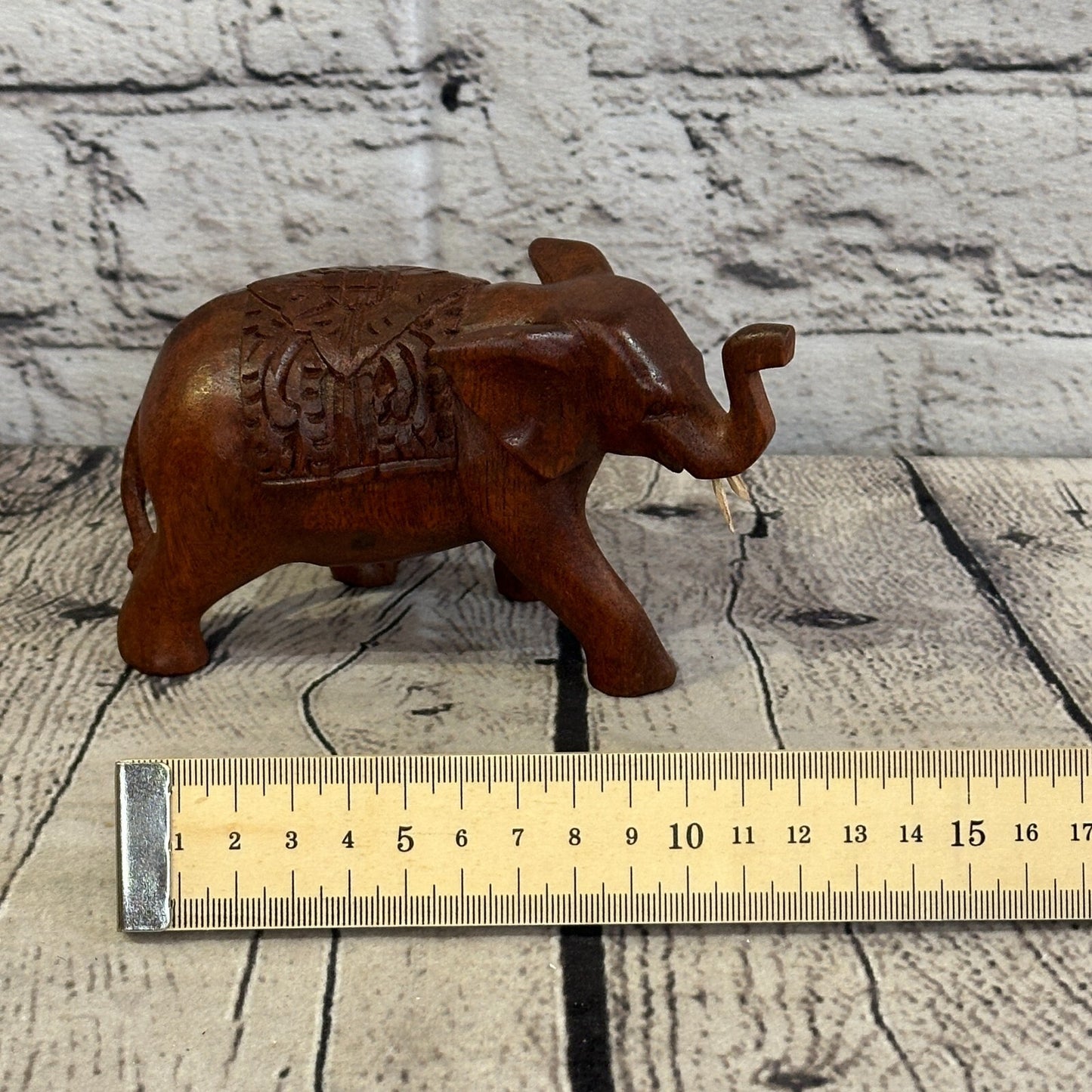 12cm x 8cm Carved Wooden Baby Elephant Wood Brown Sculpture Retro Handmade