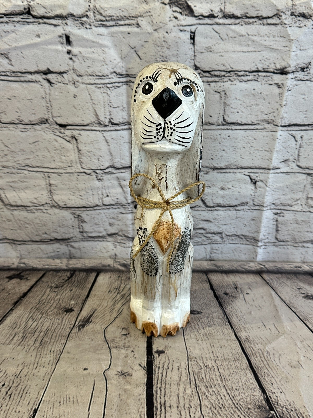30cm White Flower Wooden Shabby Dog Statue Ornament Fair Trade Handcarved