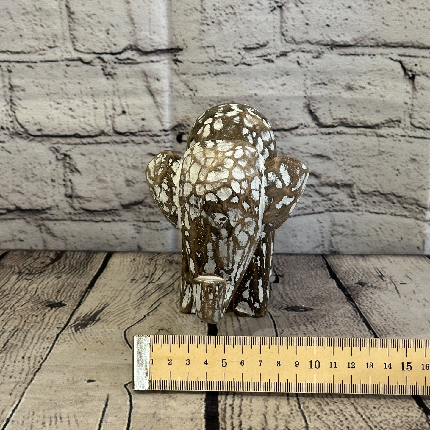 Brown Wooden Elephant With Shabby Pattern 12cm x 12cm Handmade and Fairtrade