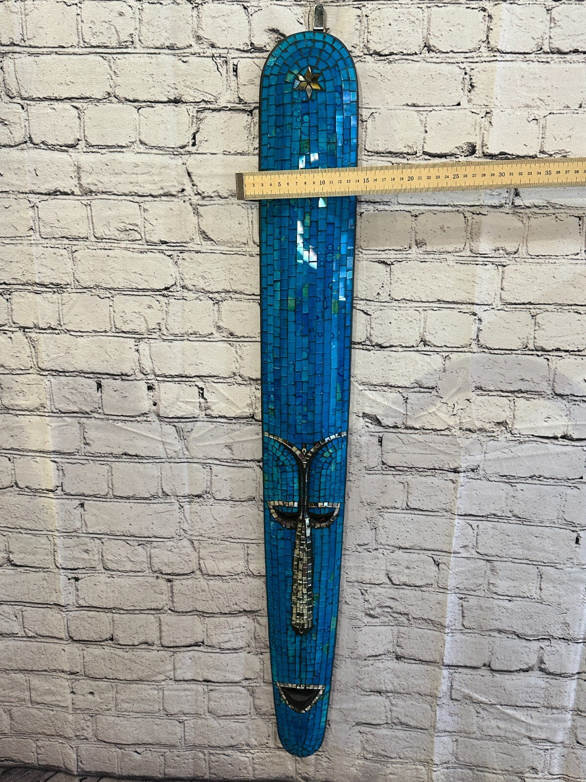 80cm Blue Mosaic Mirror Mask Carved Painted Ethnic Tribal Wall Art Handmade