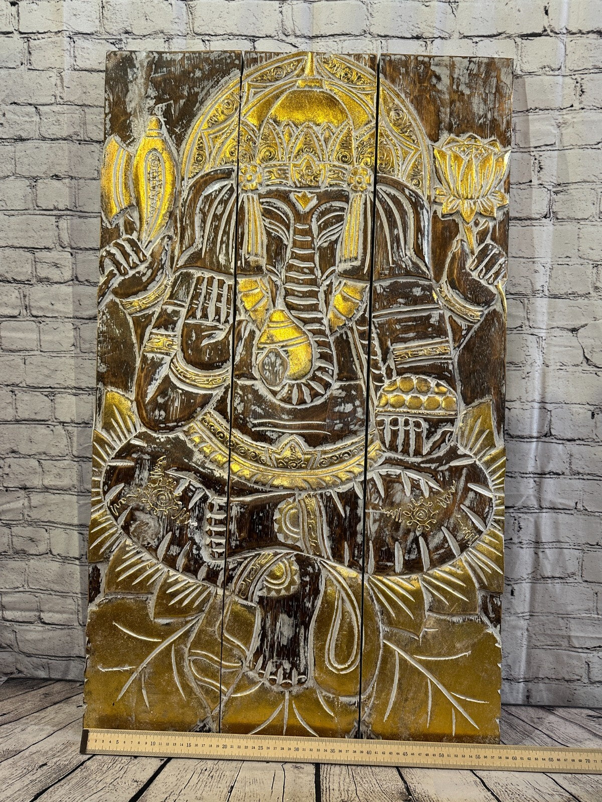 100cm x 60cm Ganesha Brown Gold Wooden Wood Panel Wall Art Plaque Handcarved