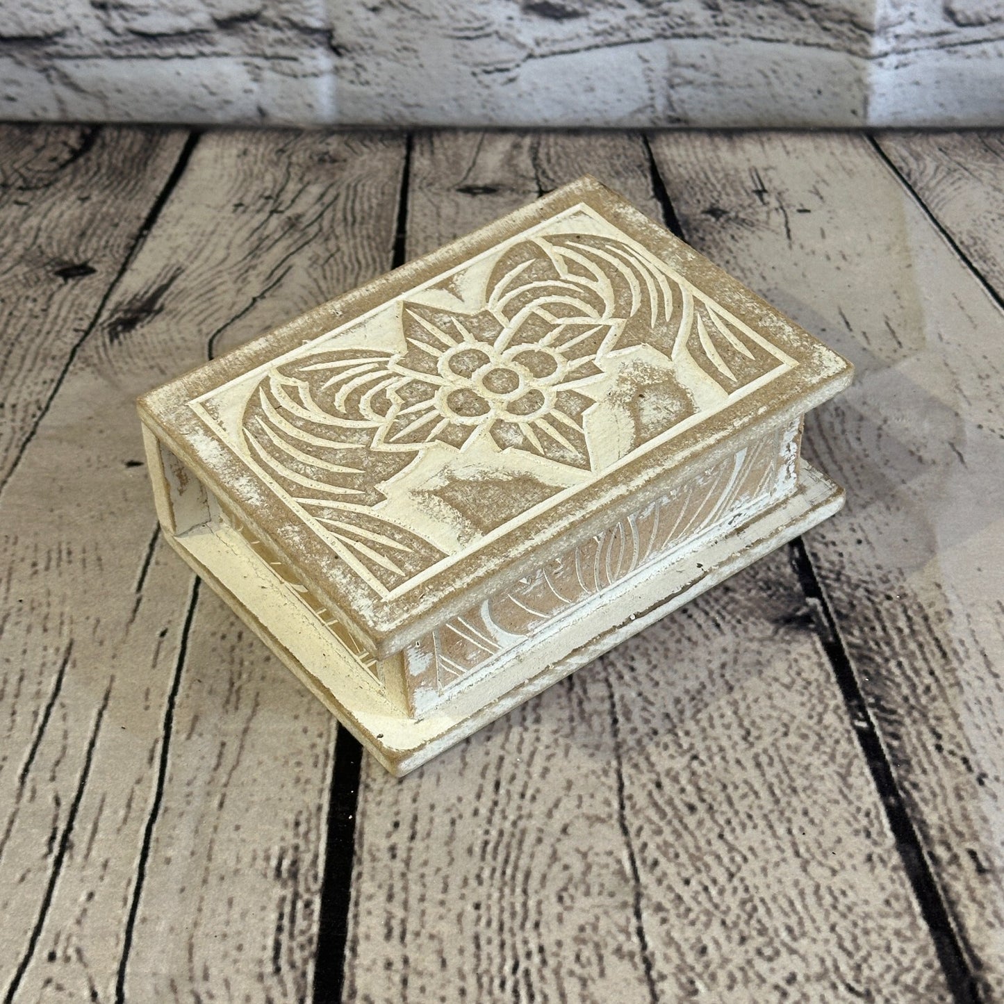 White Flower MDF Box Lotus 14cm x 10cm x 6cm Wooden Box Trinket Handmade