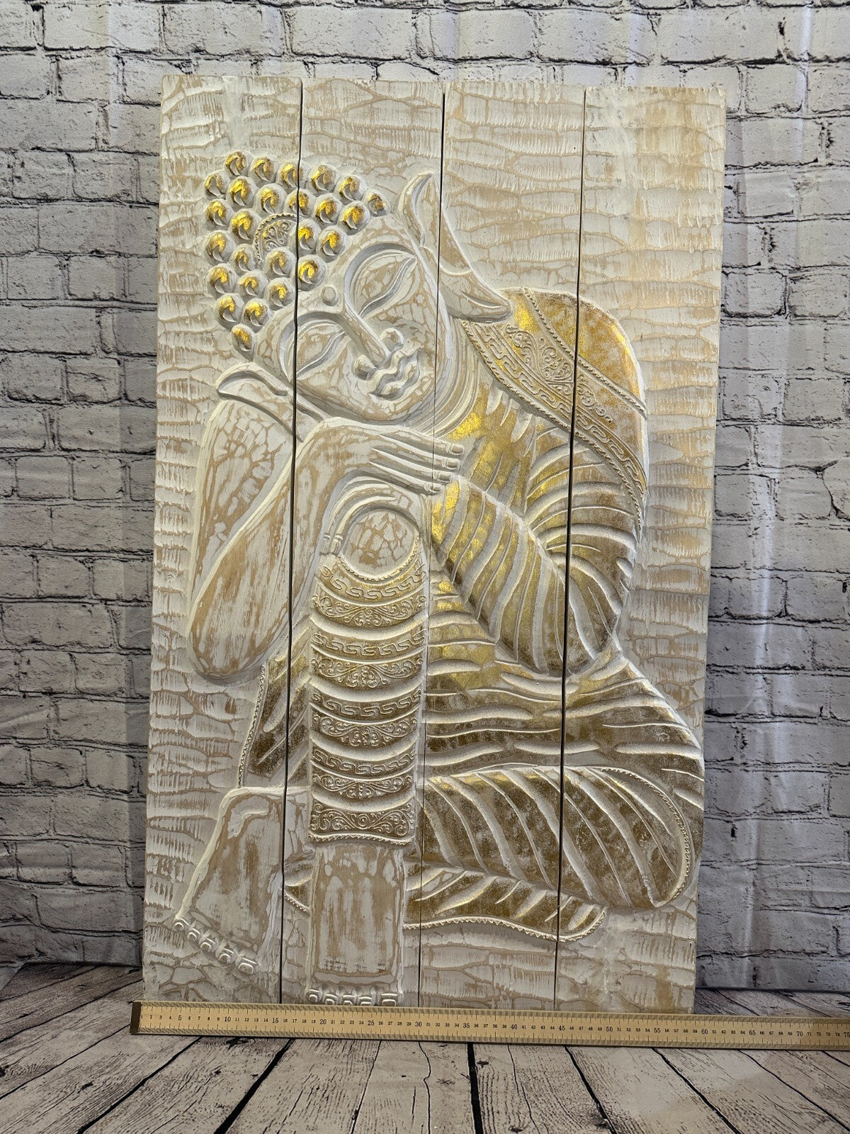 100cm x 60cm Buddha White Gold Wooden Wood Panel Wall Art Plaque Handcarved