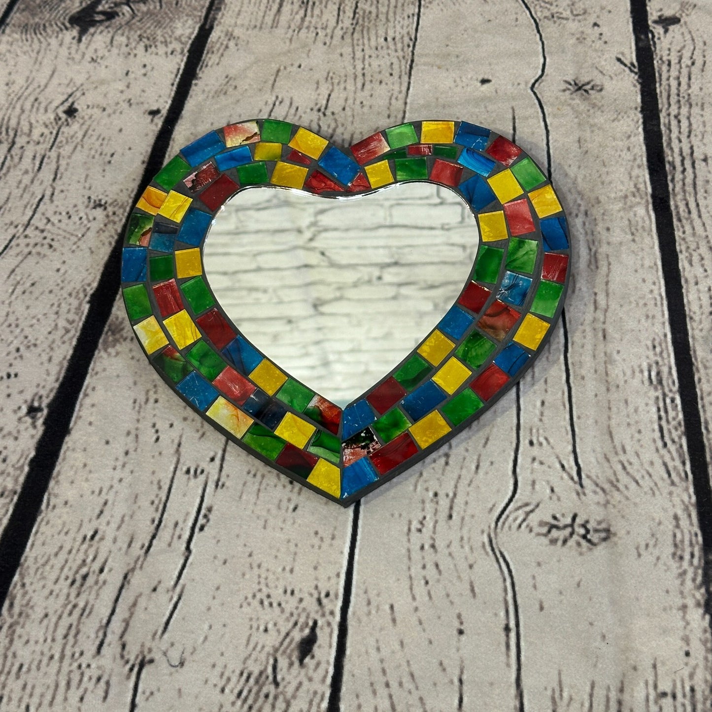 Rainbow Heart Shape Mosaic Tile Wall Mirror 20cm x 15cm 8 Inches Handmade New