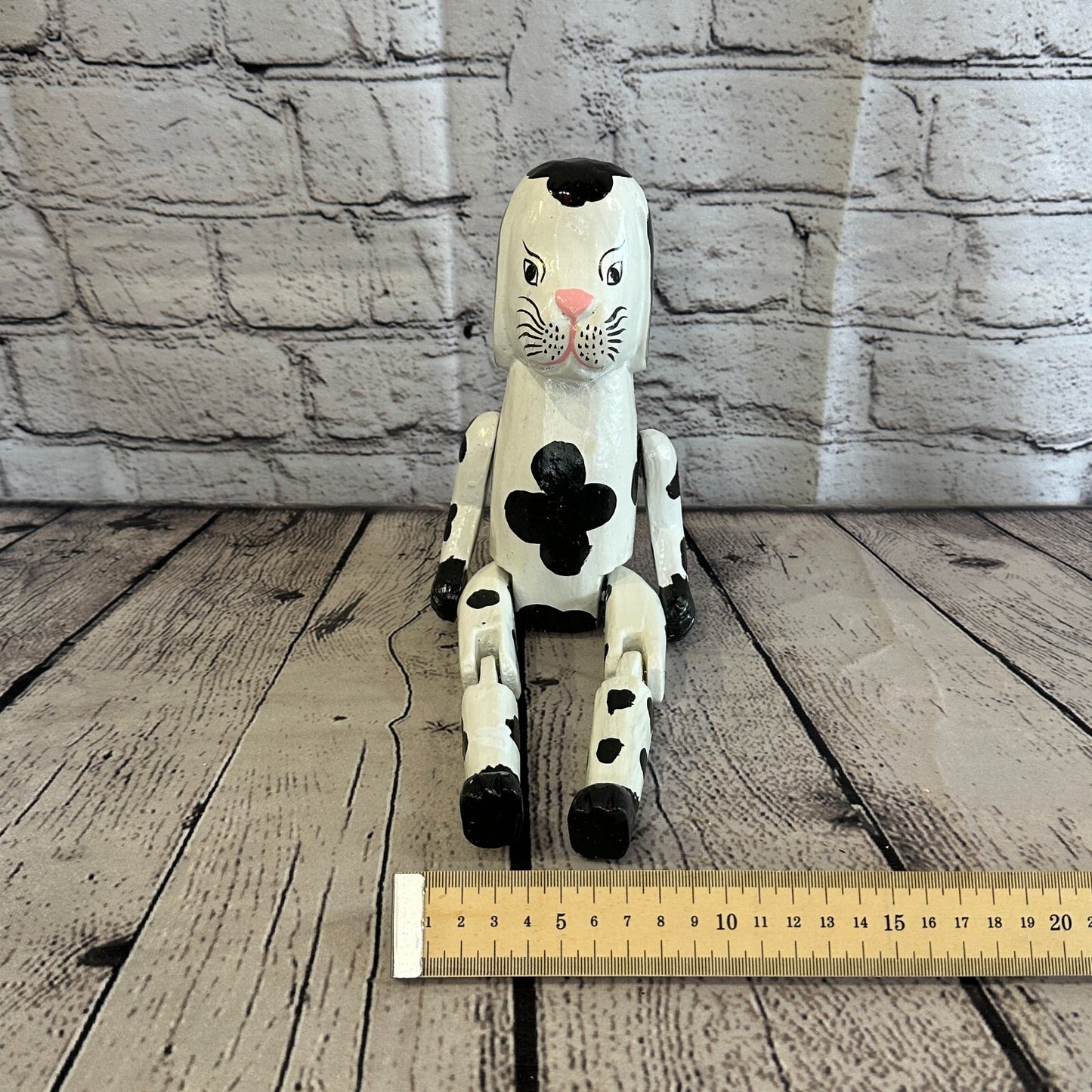20cm Black White Dog Sitting Animal, Wooden Shelf Ornament Handmade & Fairtrade