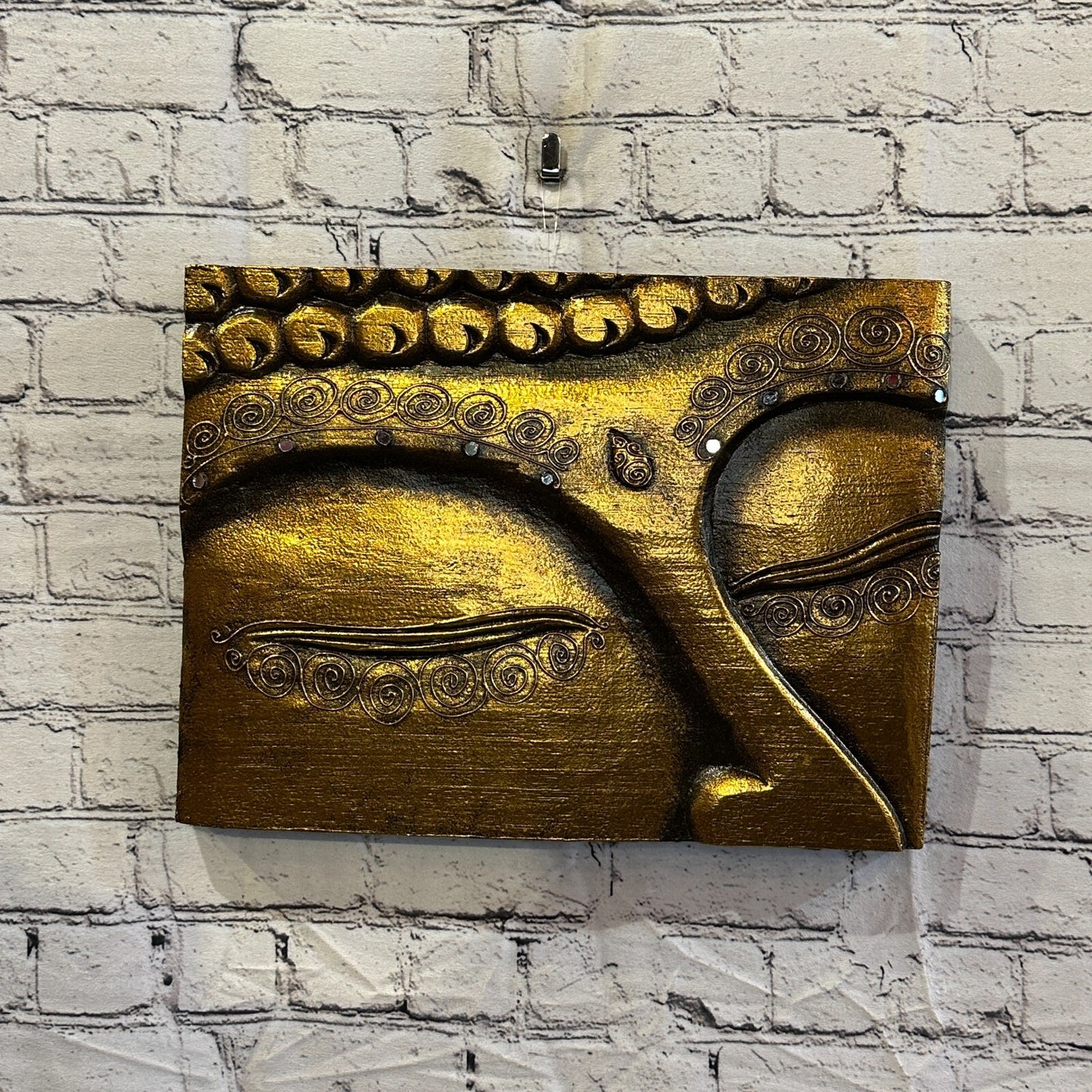 Wooden Wood Panel 40cm Brown Gold Buddha Eyes Lotus Wall Art Plaque Handcarved