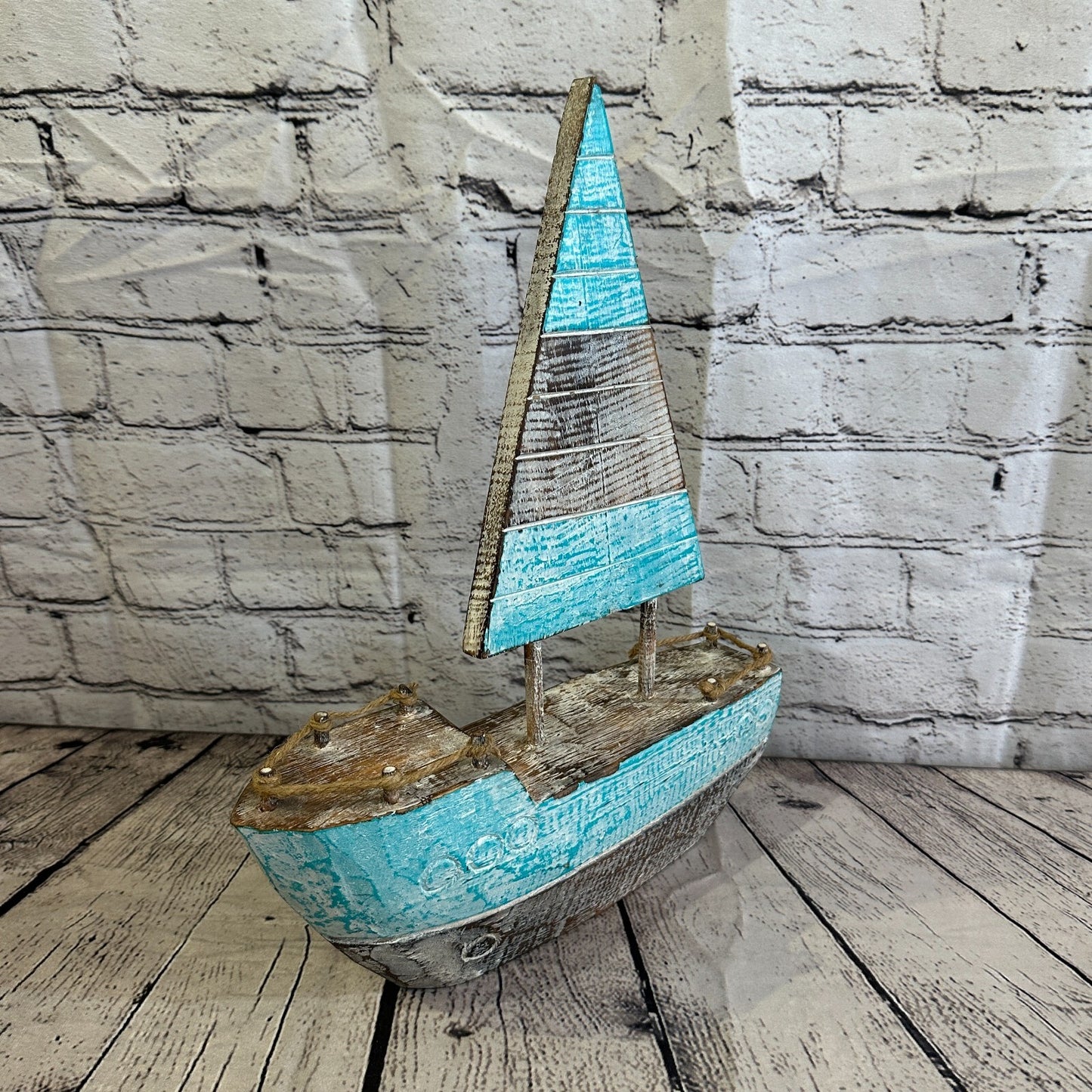40cm Rustic Wooden Brown & Green Sailing Boat Nautical Ornament Sculpture Decor