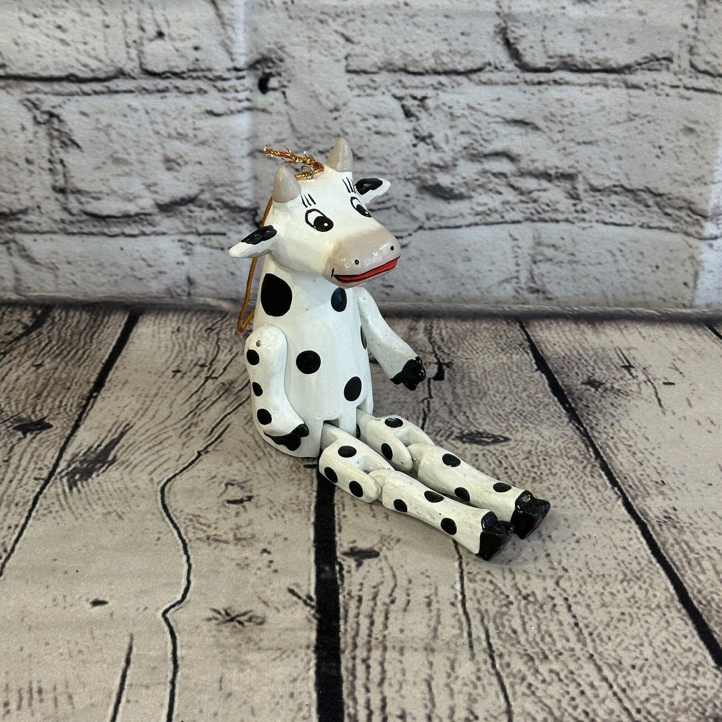 10cm Spotty Cow Sitting Animal, Wooden Shelf Ornament Handmade and Fairtrade
