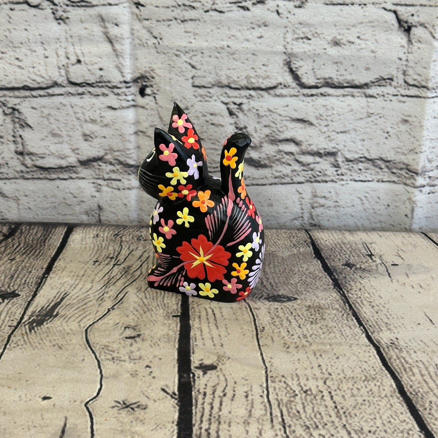 Black Small Wooden Cat With Flower Pattern 12cm x 6cm Handmade and Fairtrade