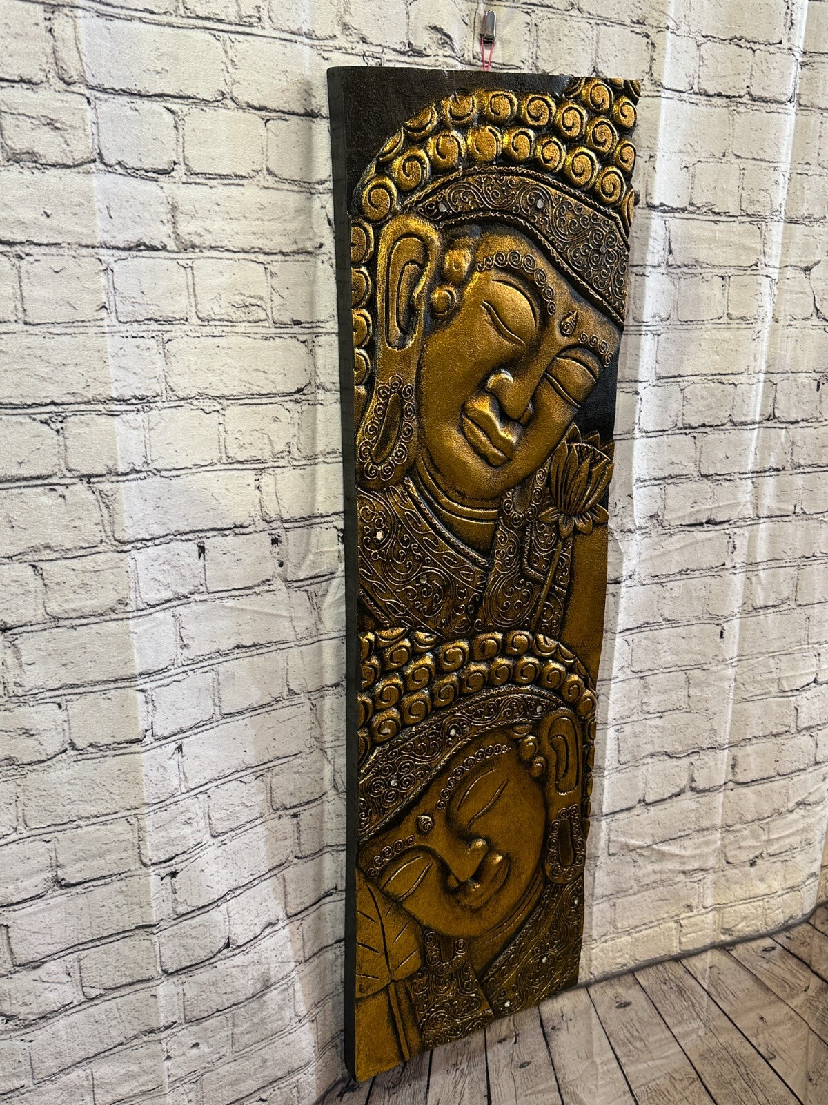 100cm x 30cm Tall Buddha 2 Faces Gold Wooden Wood Panel Wall Art Plaque