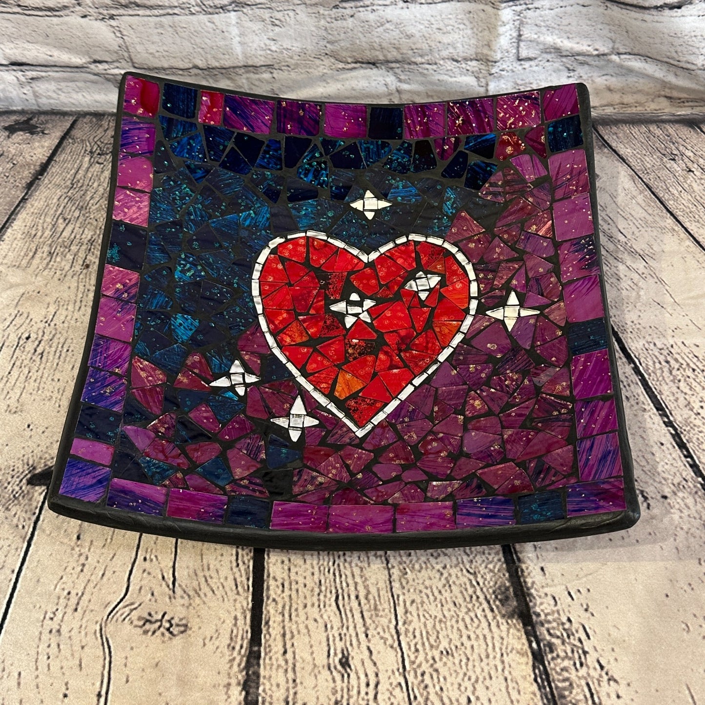 30cm Purple Red Heart Square Mosaic Handmade Ceramic Glass Tile Bowl Fruit